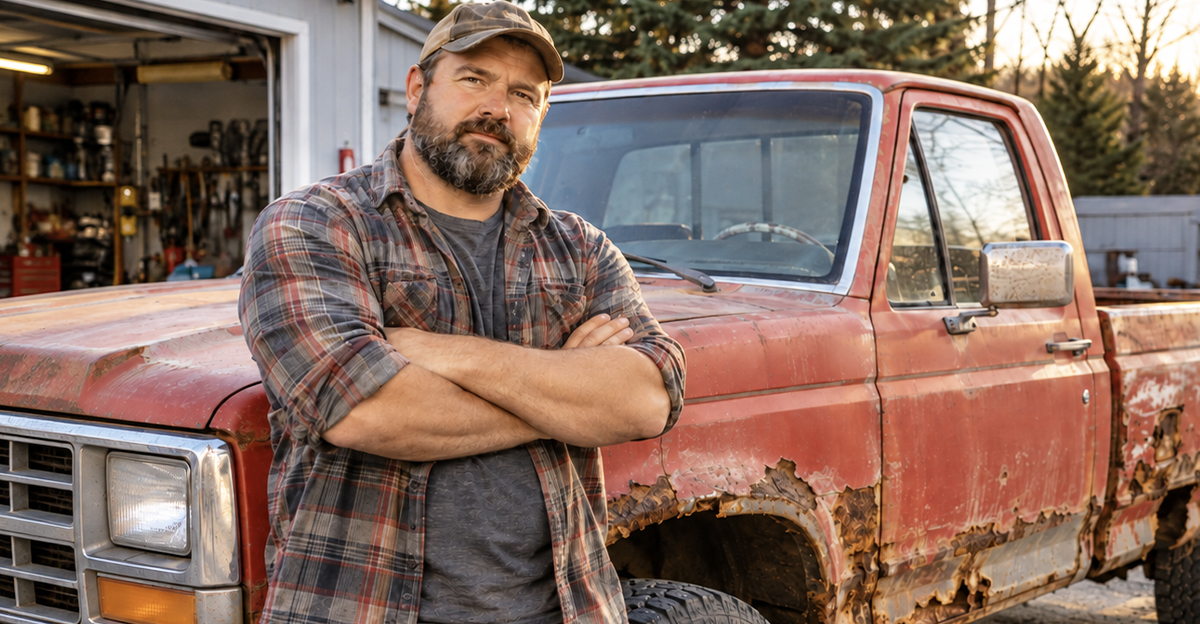 AI-generated image of a man who wants to restore his rusty pickup truck.
