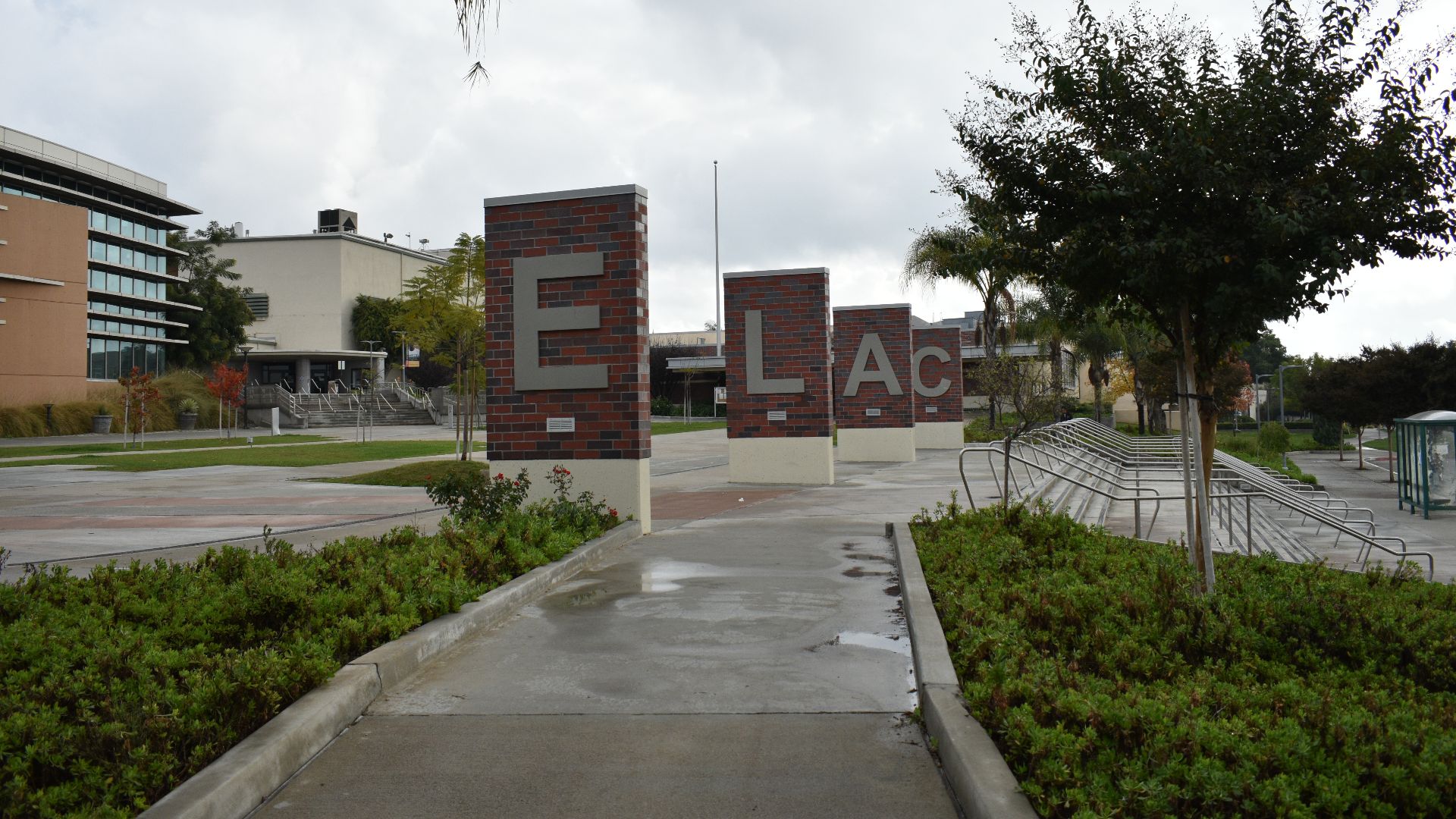 Front entrance to East Los Angeles College, including panels that spell out ELAC, commonly referred to as the