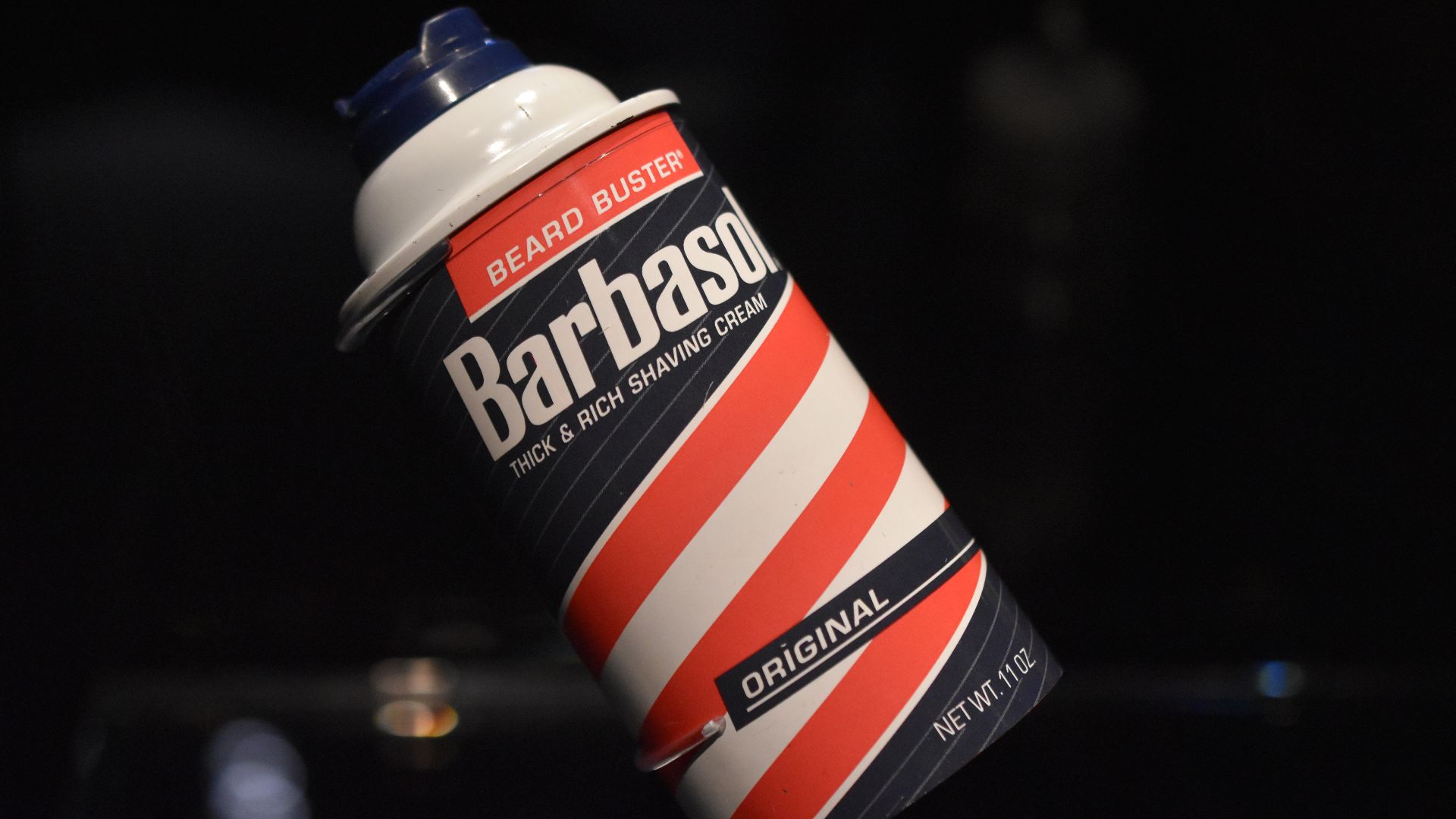 Barbasol shaving cream “cryo-can” prop from Jurassic Park (1993). Metal, plastic, and paint. Designed by John Bell. Exhibited at the Academy Museum of Motion Pictures, Los Angeles.