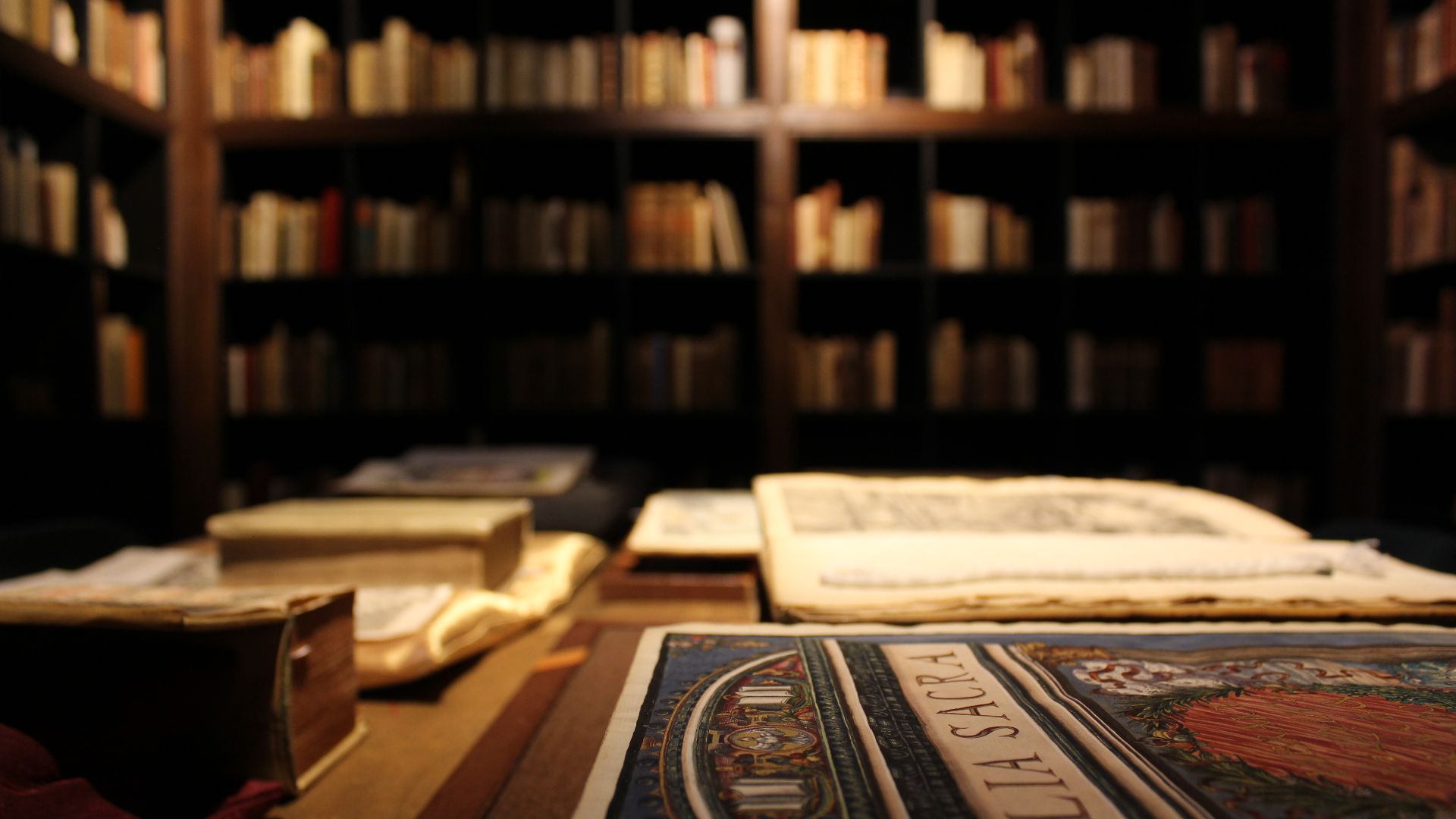 Rare books on display in the Ritman Research Institute rare book room