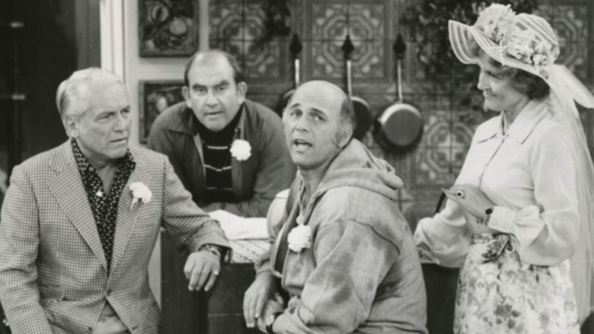 Publicity photo of Ted Knight, Ed Asner, Gavin MacLeod and Betty White from The Mary Tyler Moore Show. In this episode, Ted and Georgette decide to be married while at Mary's dinner party, and the wedding is arranged immediately.  Ted and friends wait in 