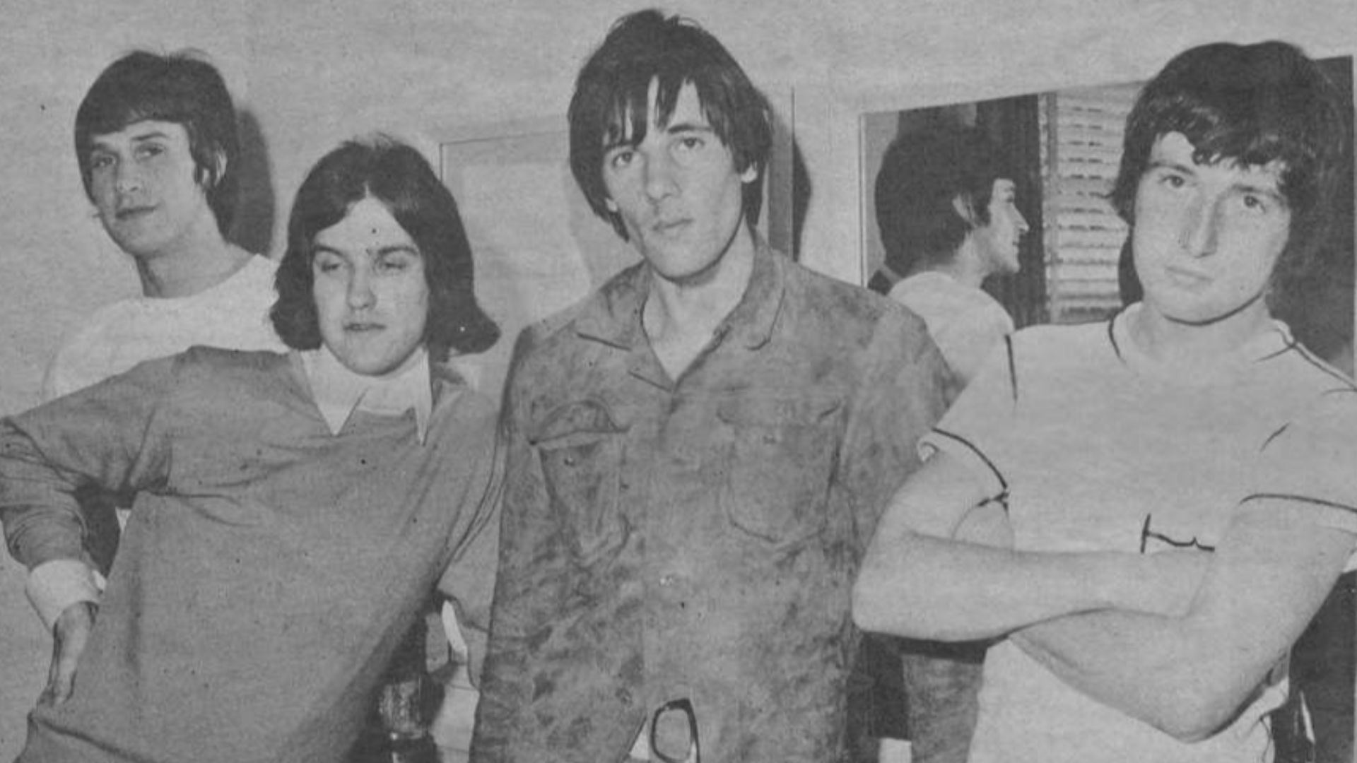 English rock group the Kinks in June 1965. Left to right: Ray Davies, Dave Davies, Mick Avory and Pete Quaife.
This photograph appeared in the July 24, 1965, issue of KRLA Beat magazine. The first line of the story states that the piece's interview took p