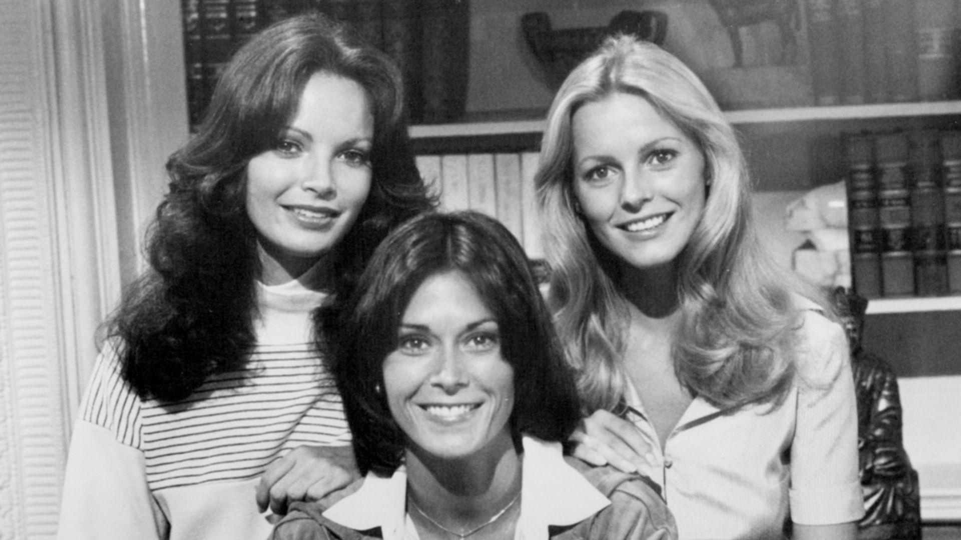 Photo of the cast of the television program Charlie's Angels.  Left: Jaclyn Smith.  Right: Cheryl Ladd.  Center: Kate Jackson.