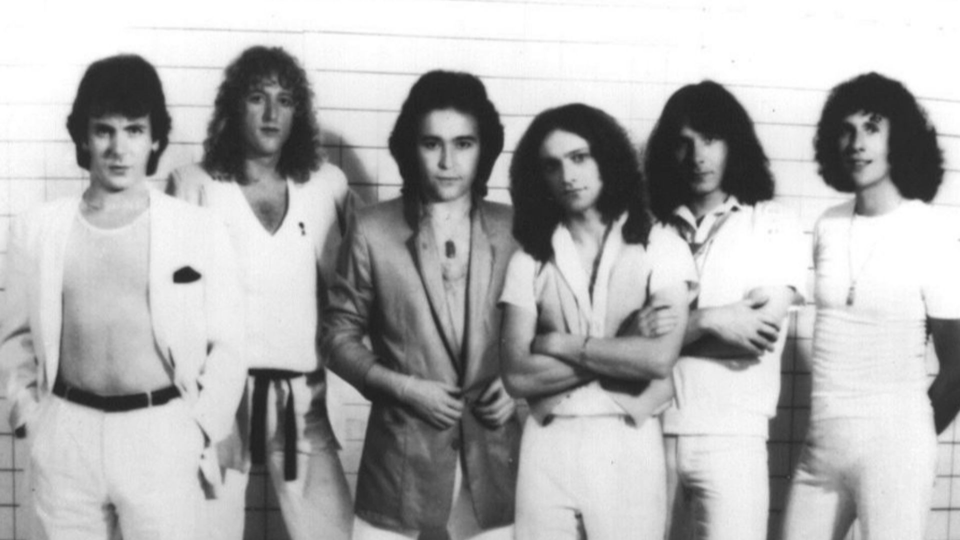 Musical group Foreigner in a 1979 publicity photo for their album Head Games. Pictured left to right; Ian MacDonald, Rick Wills, Mick Jones, Lou Gramm, Al Greenwood, and Dennis Elliot.