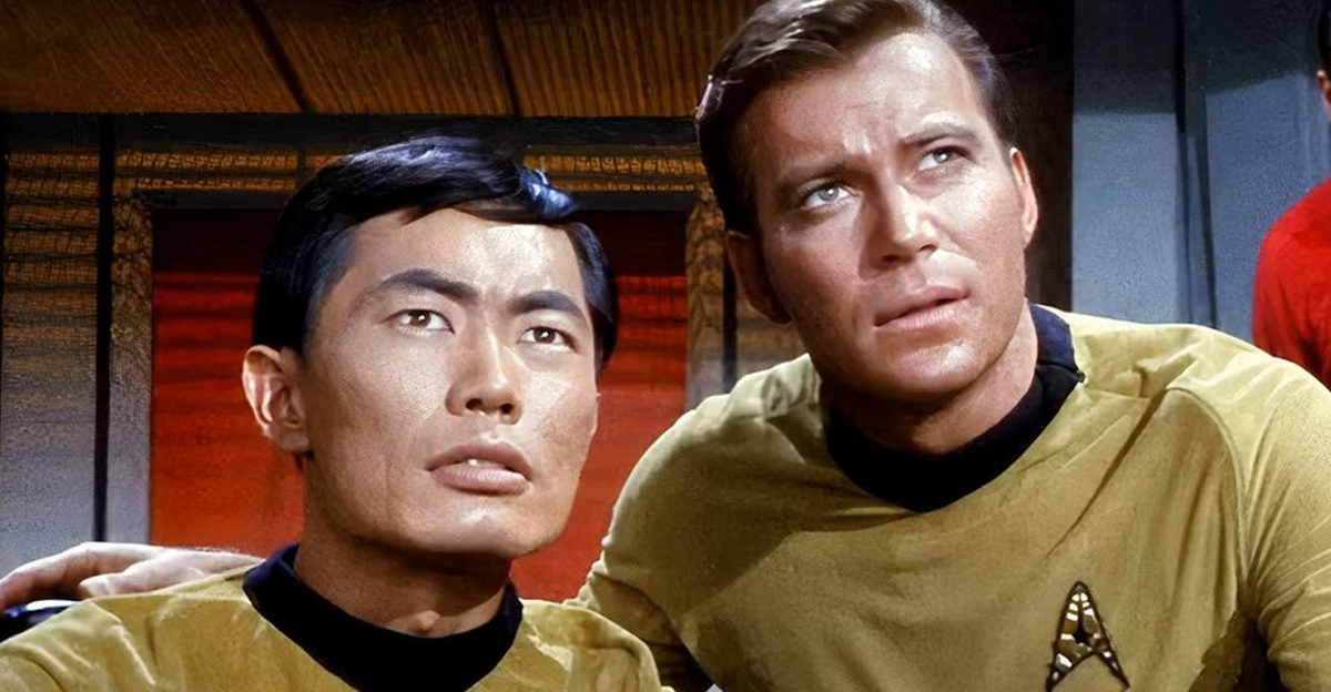 Screenshot of George Takei as Mr. Sulu and William Shatner as Captain Kirk on Star Trek (1966–1969)