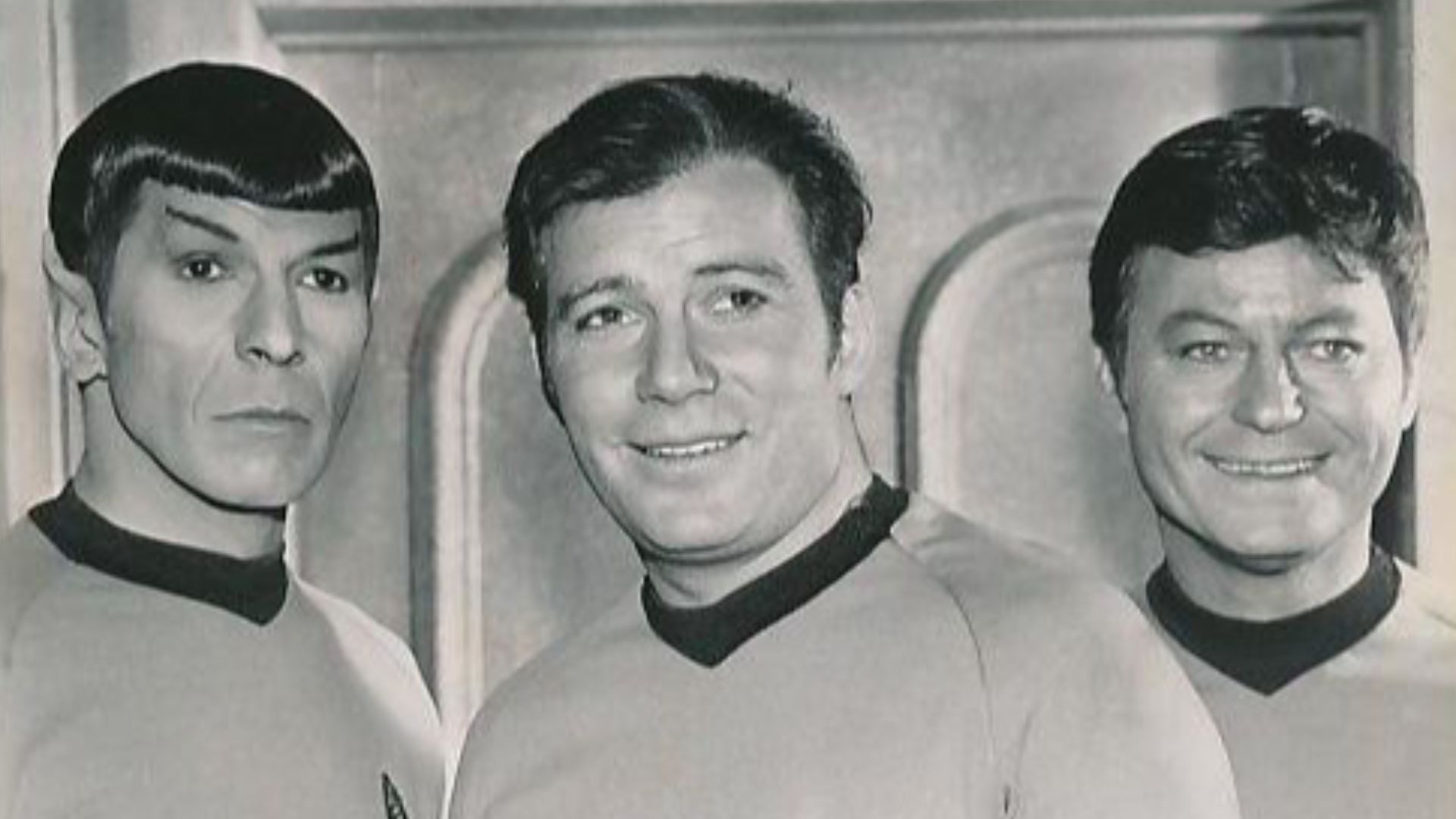 Photo of Leonard Nimoy (Spock), William Shatner (Kirk) and DeForest Kelley (McCoy) from the television program Star Trek.