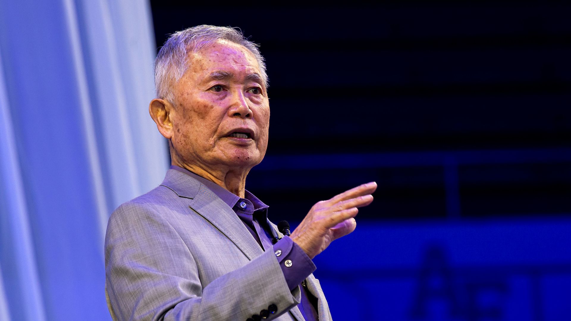 U.S. AIR FORCE ACADEMY, Colo. -- Actor George Takei speaks in Clune Arena at the U.S. Air Force Academy in Colorado Springs, Colo., during the Annual National Character and Leadership Symposium on February 23rd, 2022. This year’s NCLS event focused on Eth