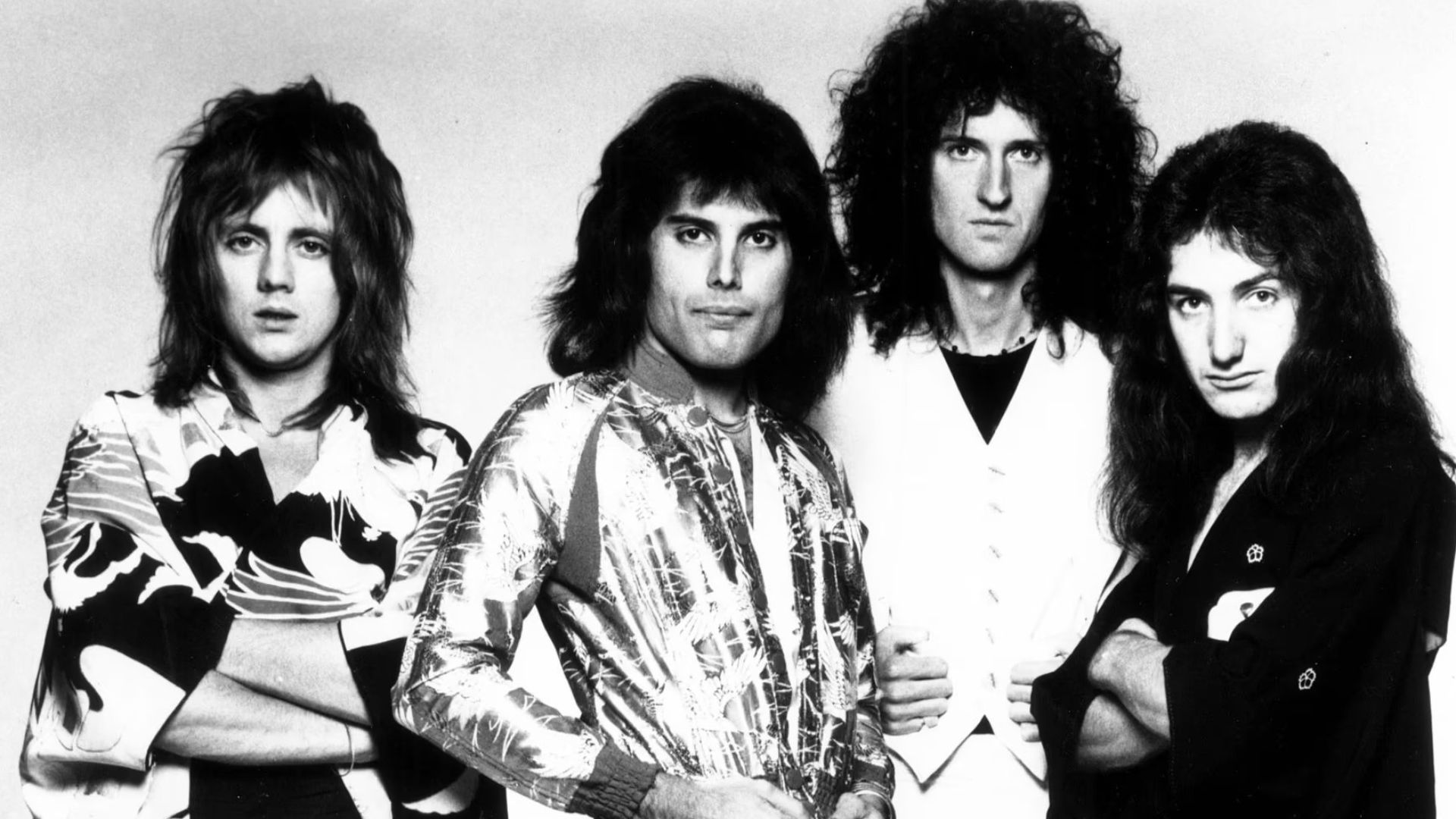 Musical group Queen, in a 1975 promotional photo for their album A Night At The Opera. Photo was published by their American label Elektra Records.