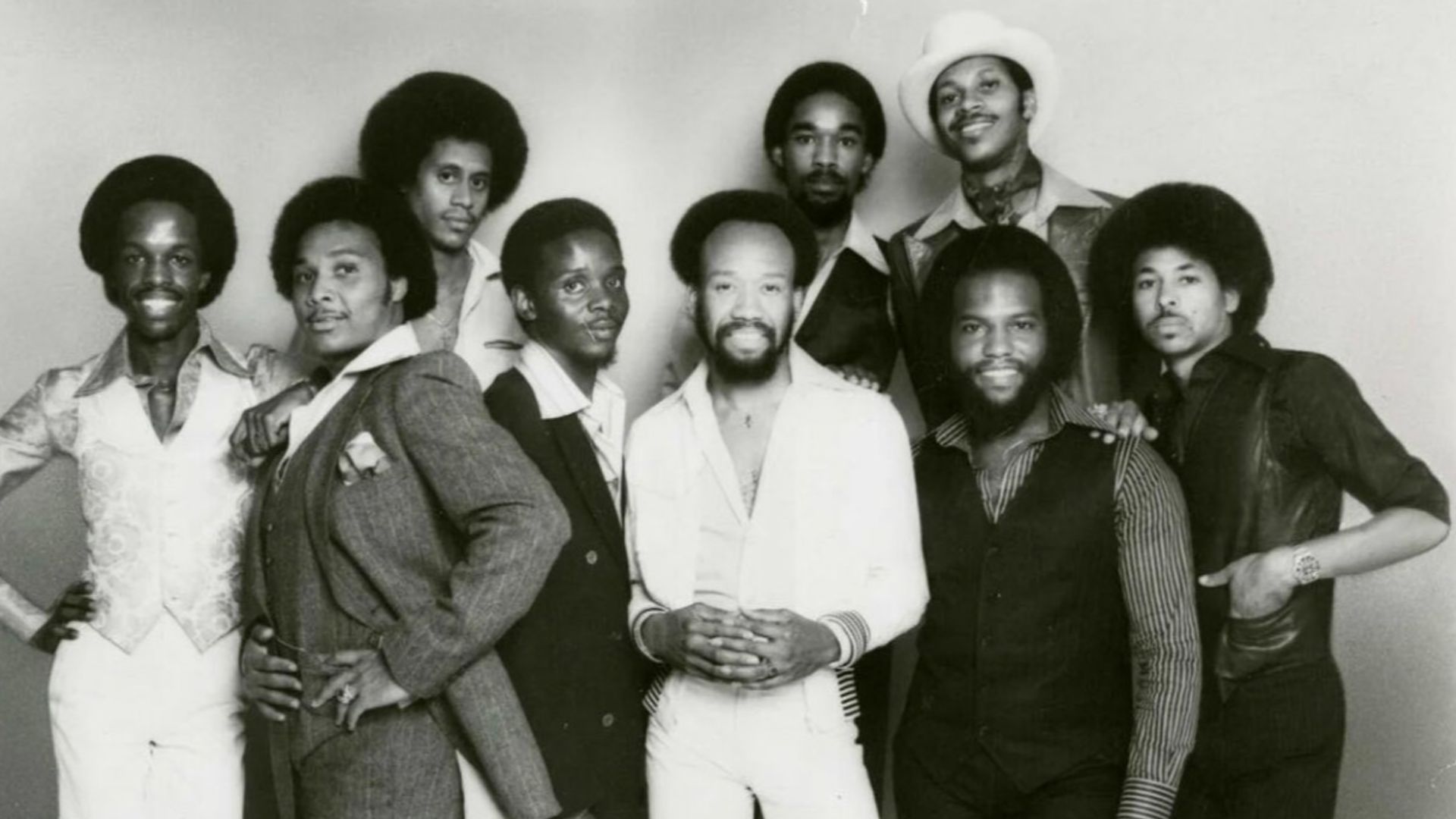 Earth, Wind, and Fire in a press photo dated to 1977. Photo itself was taken the same year or earlier