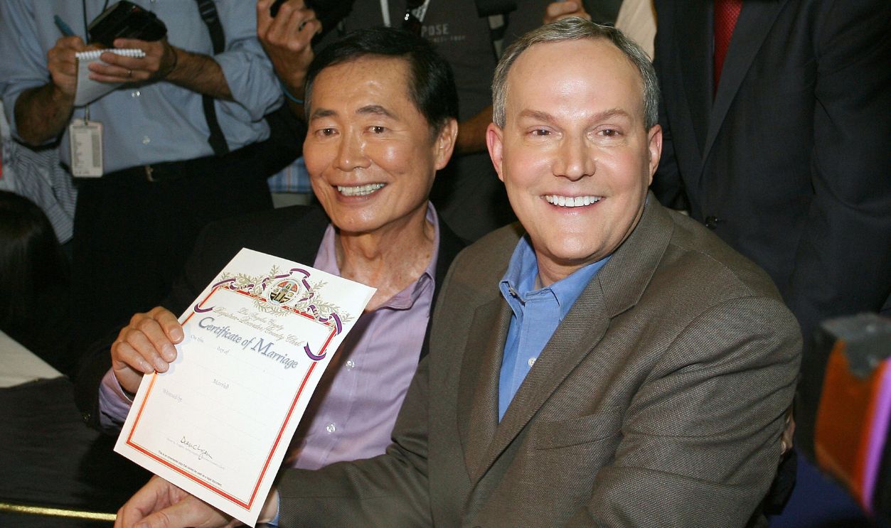 Actor George Takei (L) displays his wedding certificate beside partner Brad Altman (R) June 17, 2008 in West Hollywood, California. Takei, 71, is known to millions of fans as Mr. Sulu from "Star Trek."
