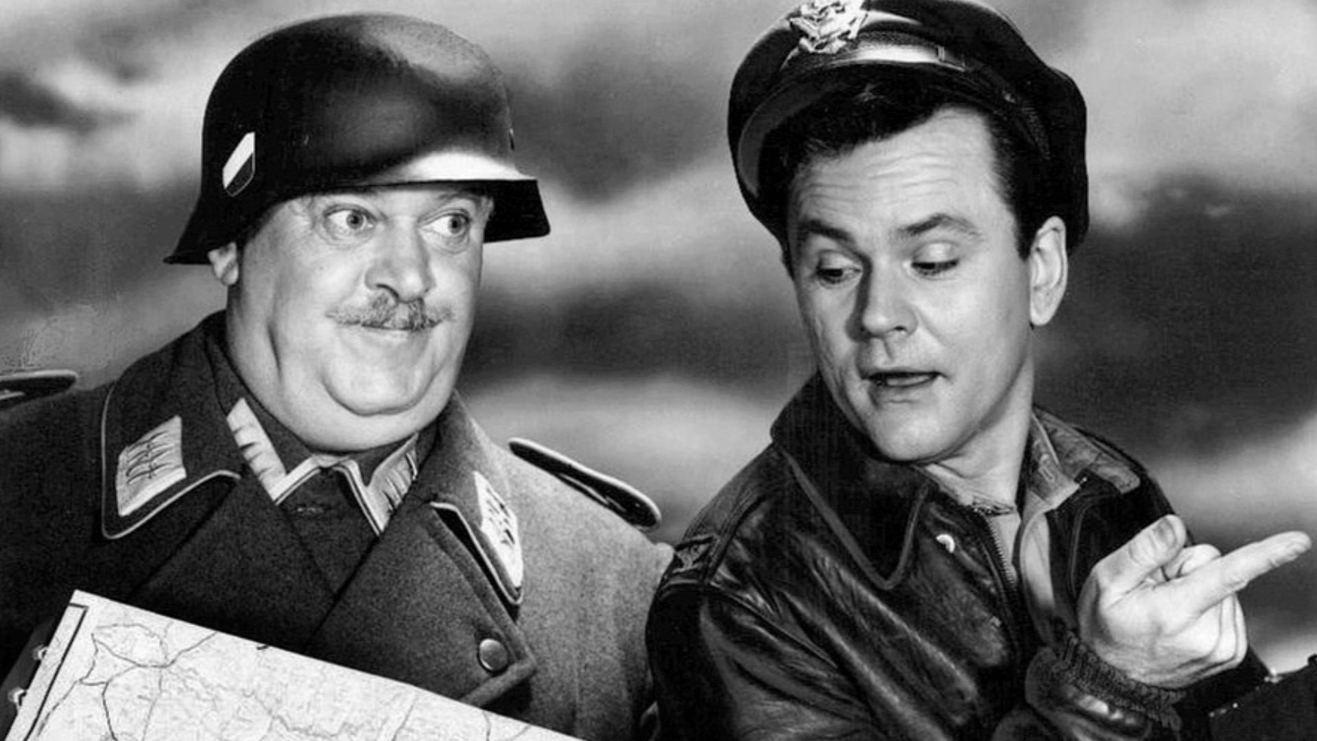 Photo of John Banner as Sergeant Schultz and Bob Crane as Colonel Hogan from the television comedy Hogan's Heroes.
