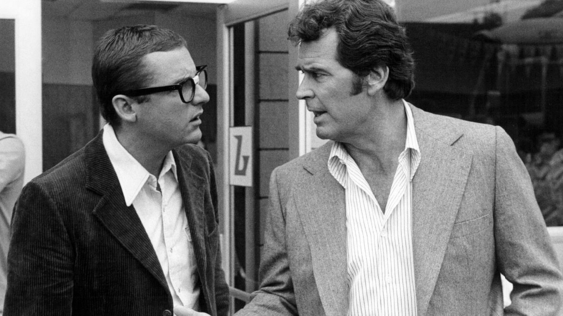 Photo of James Garner as Jim Rockford and James Whitmore, Jr. as Freddie Beamer from the television program The Rockford Files.  Whitmore's character appeared on the program periodically as an auto mechanic who dabbled in being a private eye.