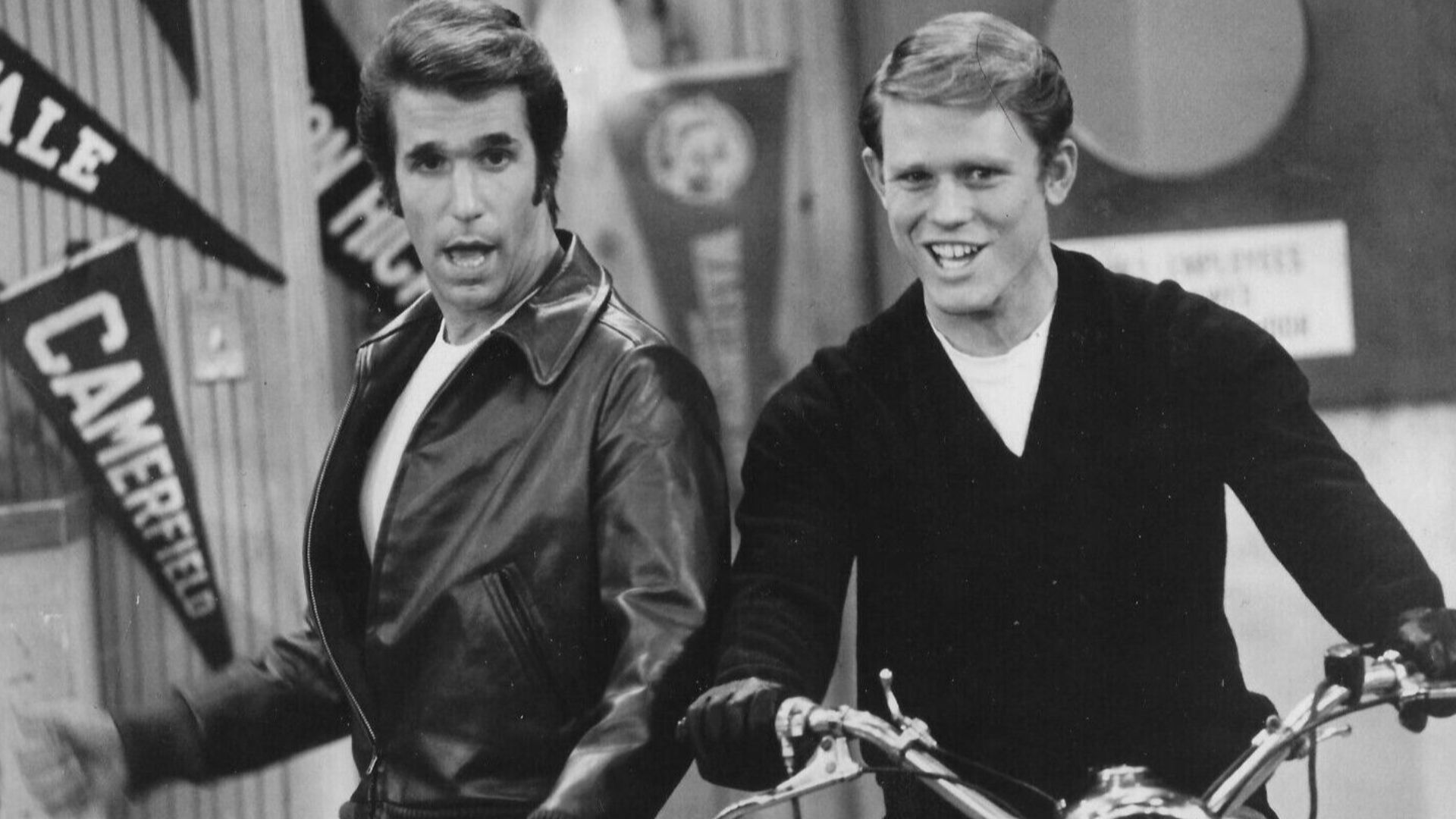 Publicity photo of Fonzie (Henry Winkler) and Richie (Ron Howard) from Happy Days.