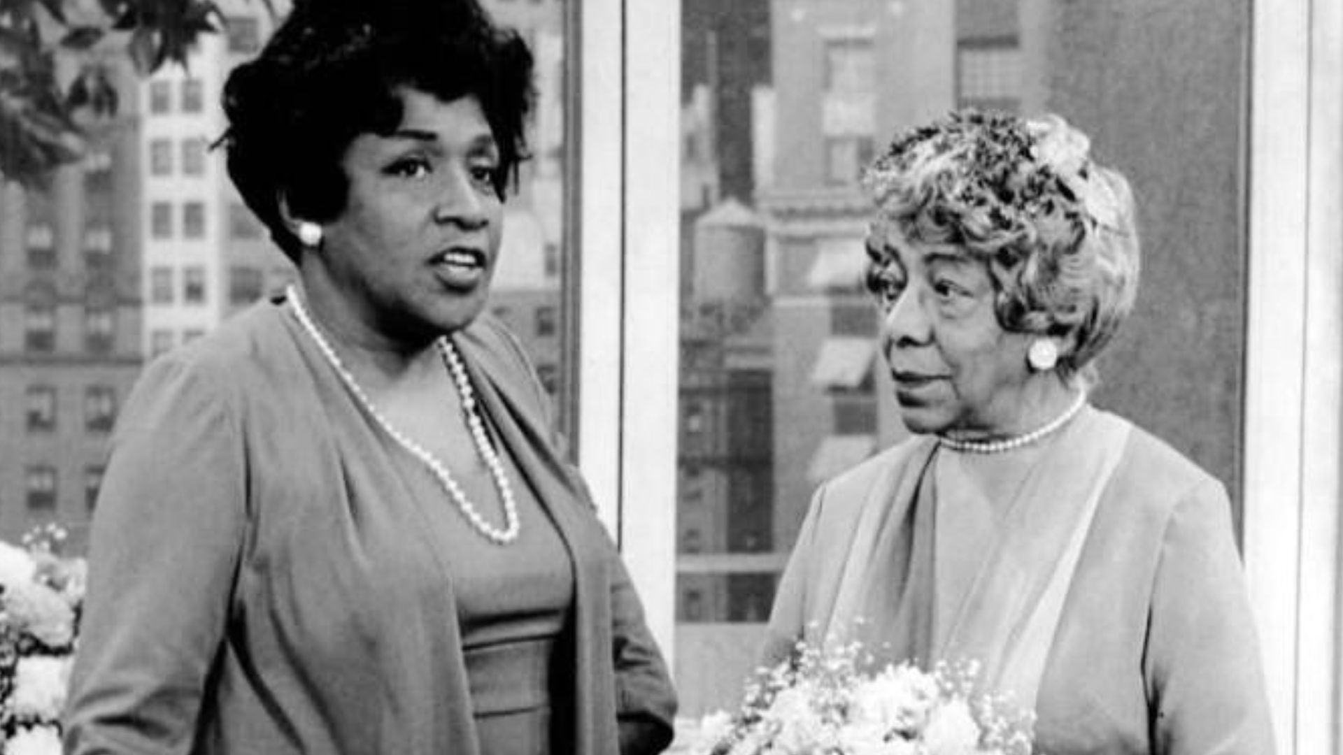 Photo of Sherman Hemsley (George Jefferson), Isabel Sanford (Louise Jefferson) and Zara Cully (George's mother, Mother Jefferson) from the television program The Jeffersons.