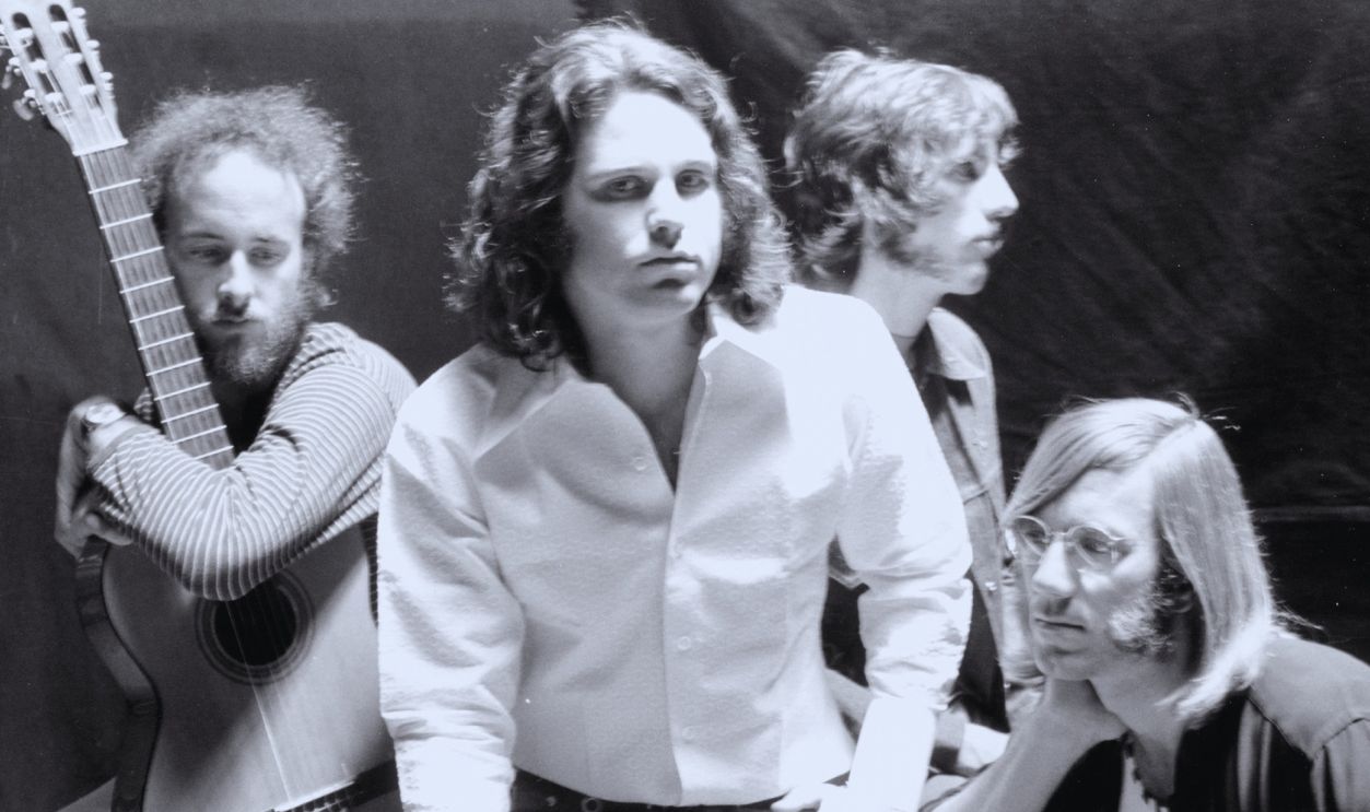 The Doors L-R Robby Krieger, Jim Morrison, John Densmore and Ray Manzarek pose for a portrait circa 1968 in Hollywood, California.