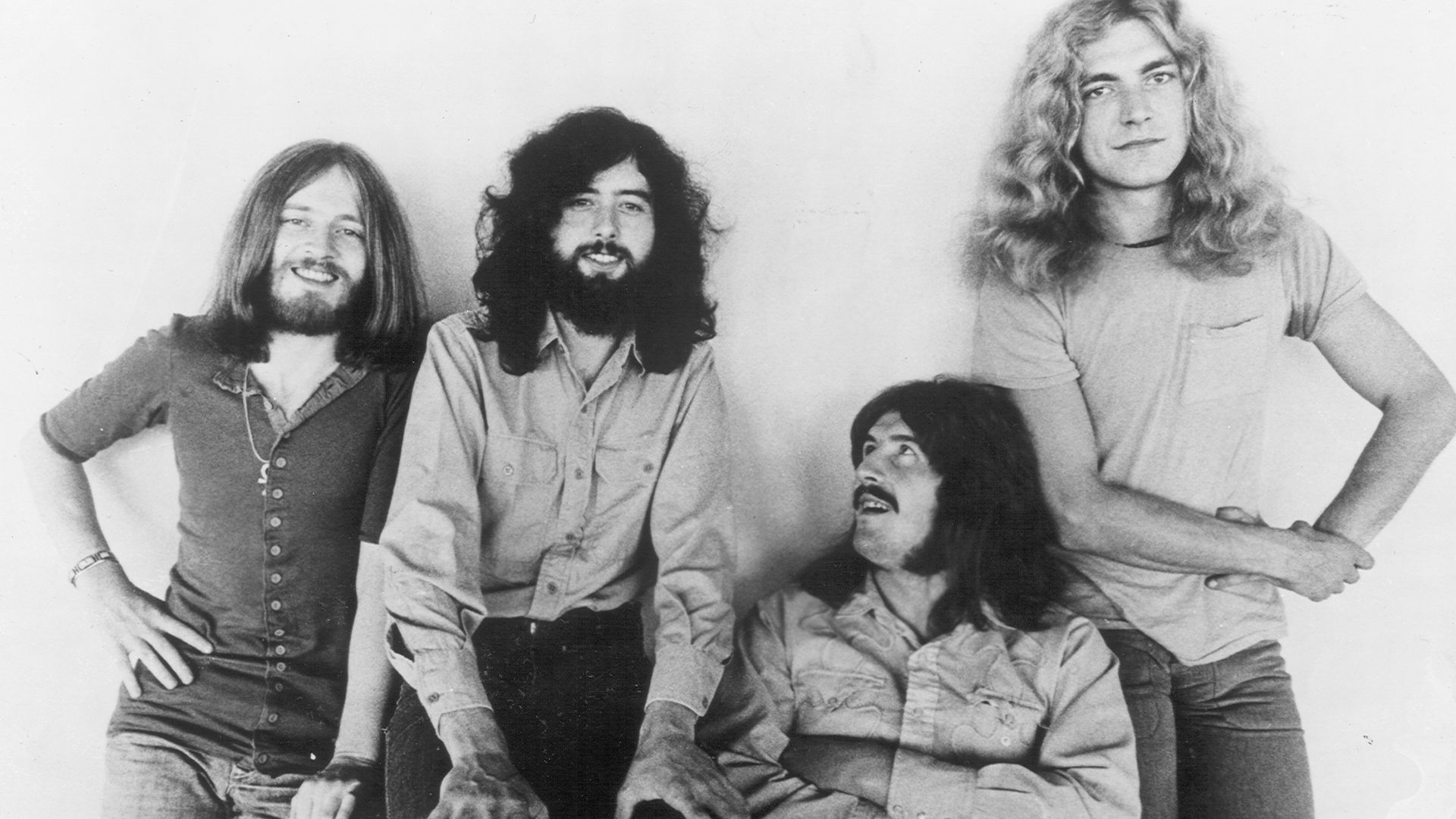 Promotional photograph of the band Led Zeppelin, 1971. From left to right: bassist John Paul Jones, guitarist Jimmy Page, drummer John Bonham and vocalist Robert Plant.