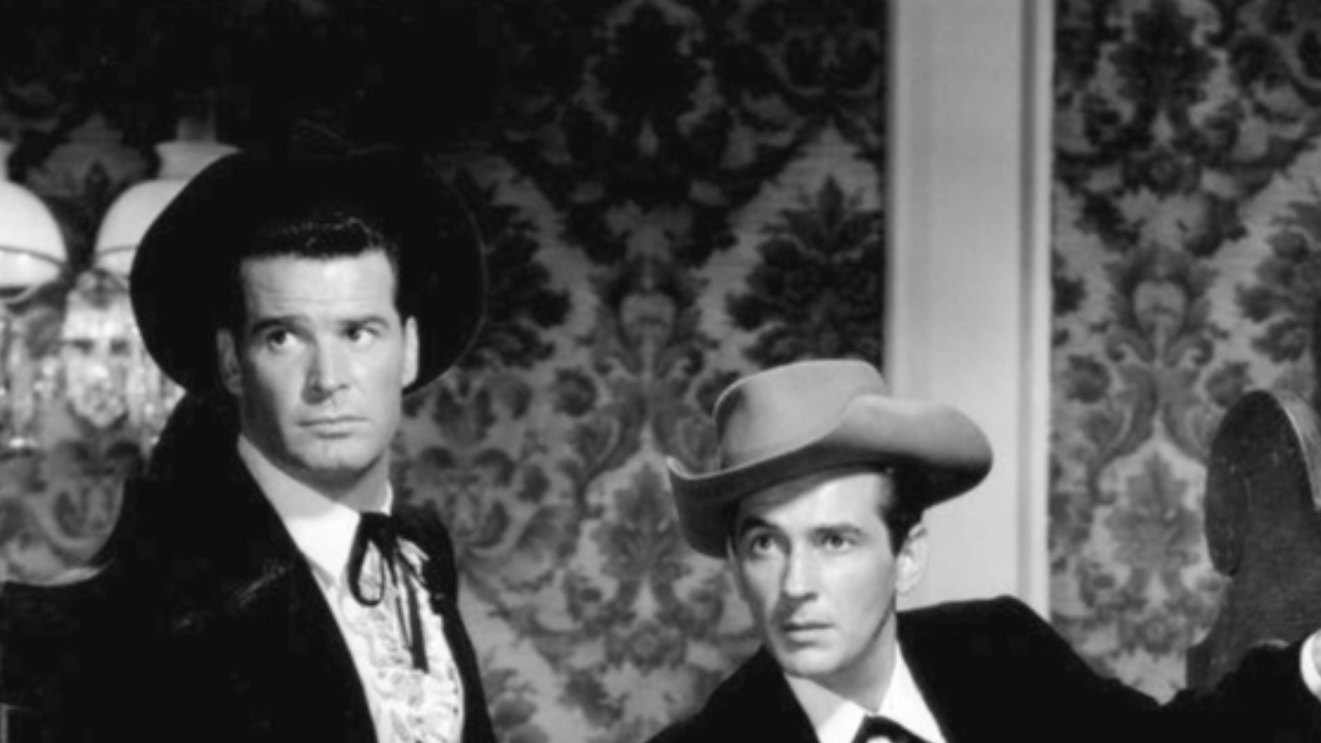 Photo of James Garner as Bret Maverick and Jack Kelly as Bart Maverick from the television program Maverick.