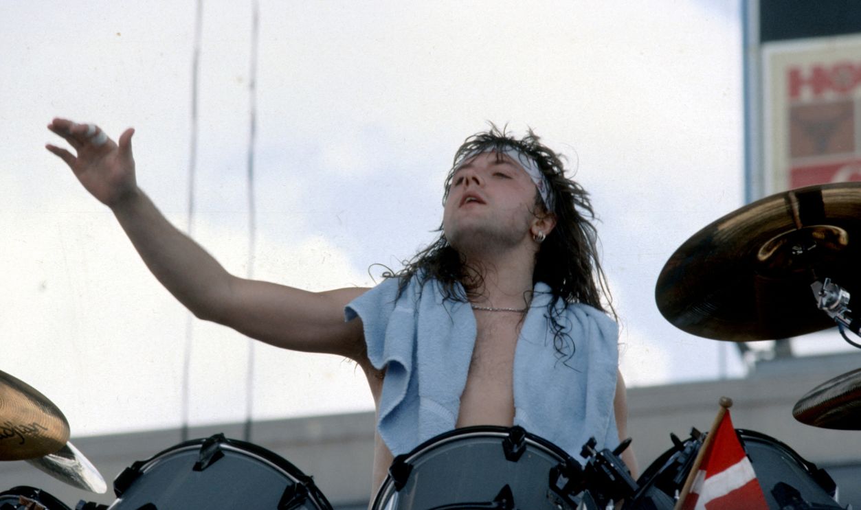1988: Drummer Lars UIrich of the heavy metal quartet "Metallica" performs onstage at the "Monsters of Rock" festival in 1988.