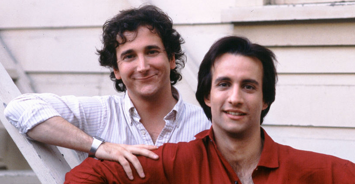 Actor Bronson Pinchot (R) with Actor Mark Linn-Baker in television show Perfect Strangers, March 20, 1986 in Los Angeles, California.