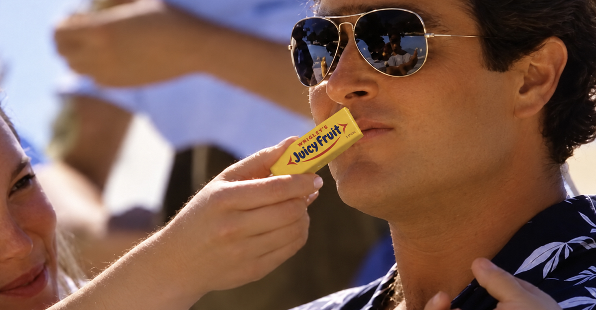 A man in sunglasses sniffing gum