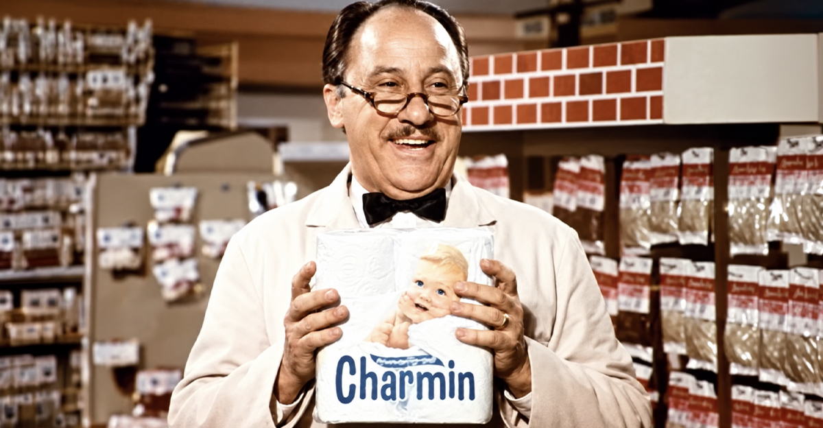 A grocery store clerk holding toilet paper