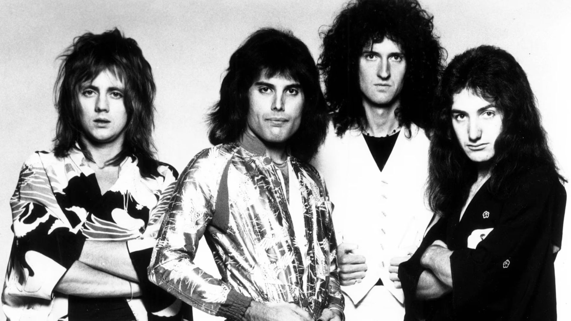 Musical group Queen, in a 1975 promotional photo for their album A Night At The Opera. Photo was published by their American label Elektra Records.