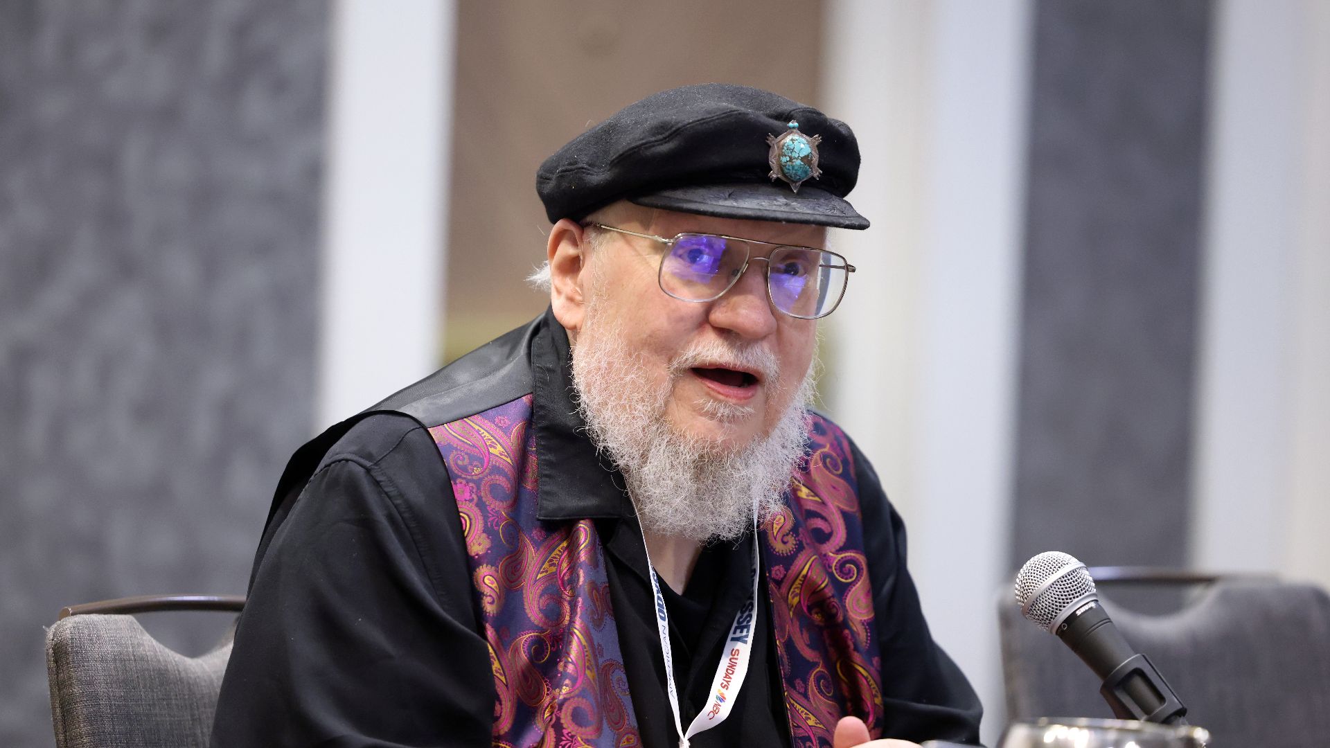 George R. R. Martin speaking with attendees at Bubonicon 56 at the Marriott Albuquerque in Albuquerque, New Mexico.

Please attribute to Gage Skidmore if used elsewhere.