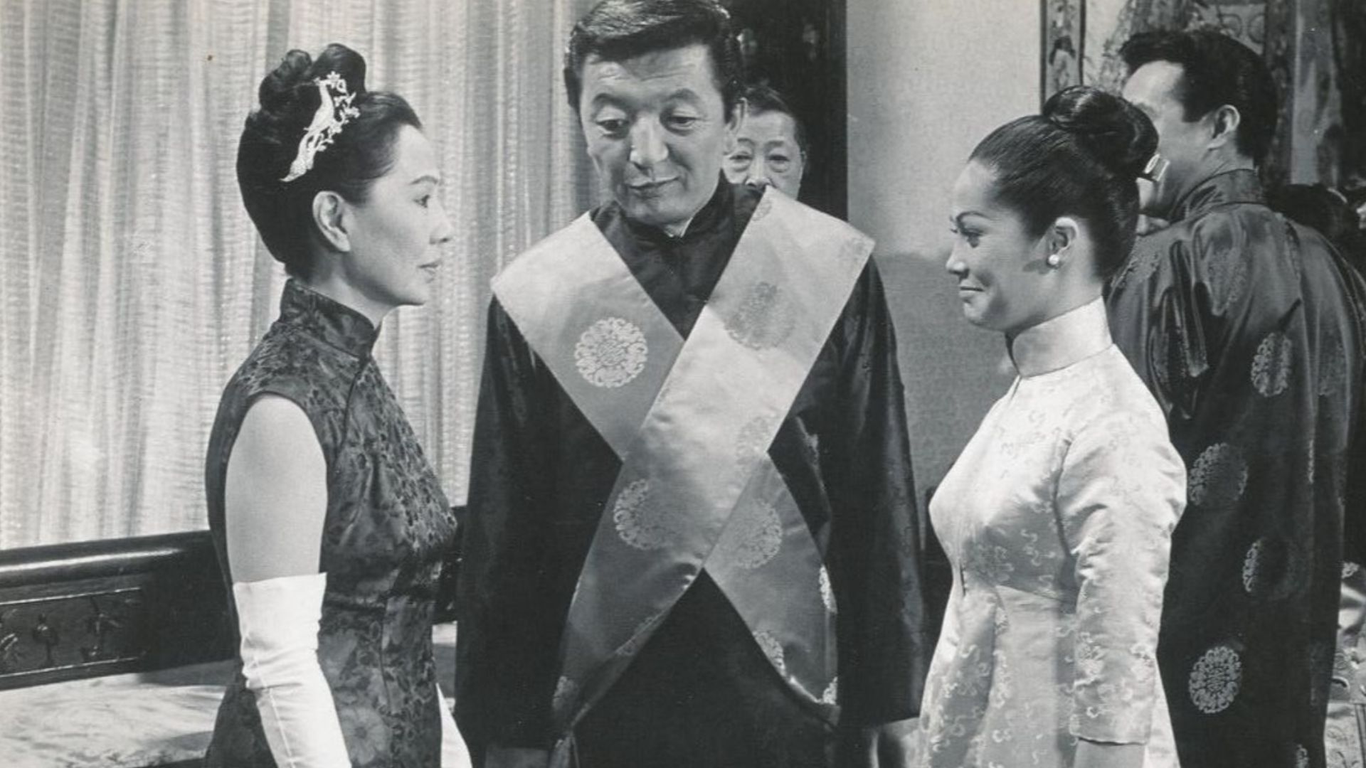 Press photo of (from left to right) Soo Yong, Jack Soo and Nancy Kwan, for the 1961 film Flower Drum Song.