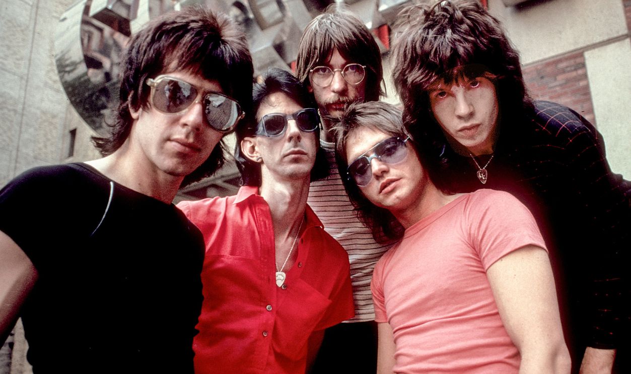 BOSTON, MA- JUNE 1978: The Cars outside City Hall Plaza July 7, 1978 in Boston MA. David Robinson, Rick Ocasek, Greg Hawkes, Benjamin Orr, Elliot Easton