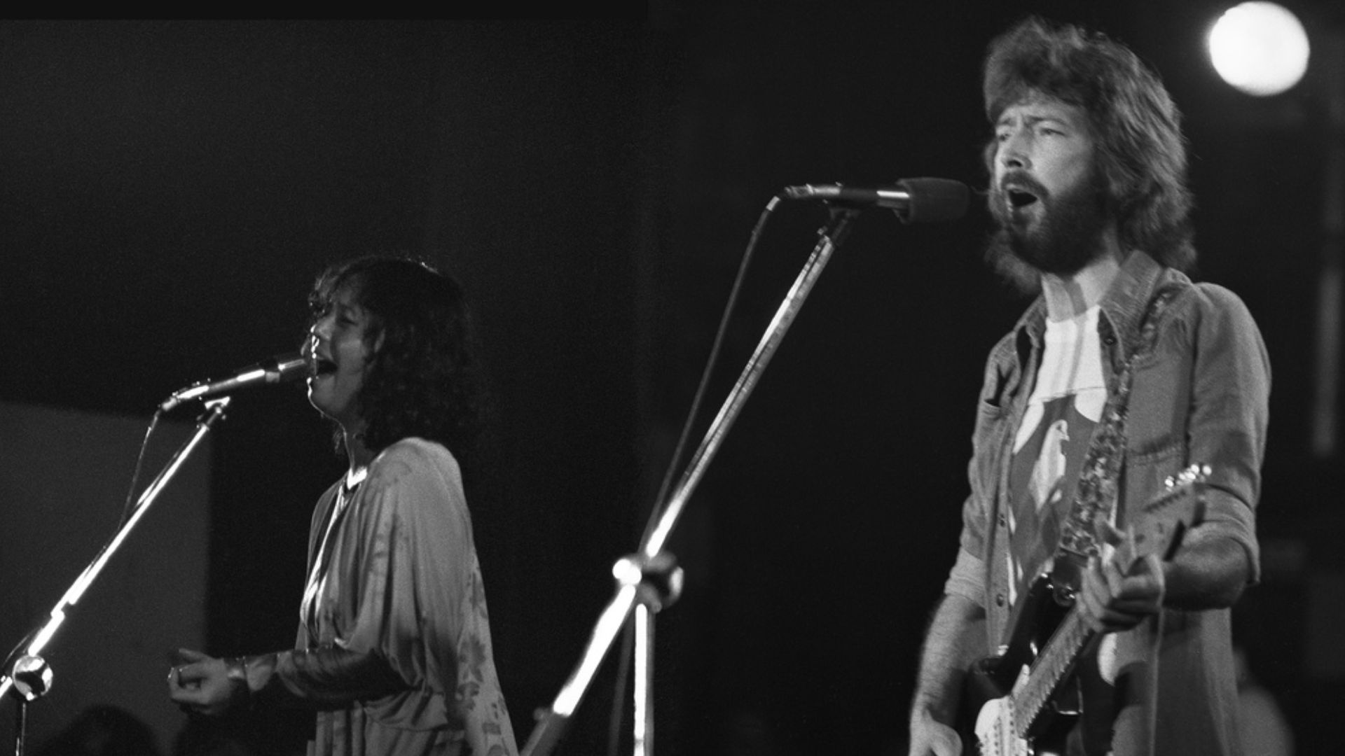 Eric Clapton with Yvonne Elliman; Swing Auditorium, San Bernardino, CA; There's One In Every Crowd Tour; Aug. 15, 1975.  He's playing Blackie.