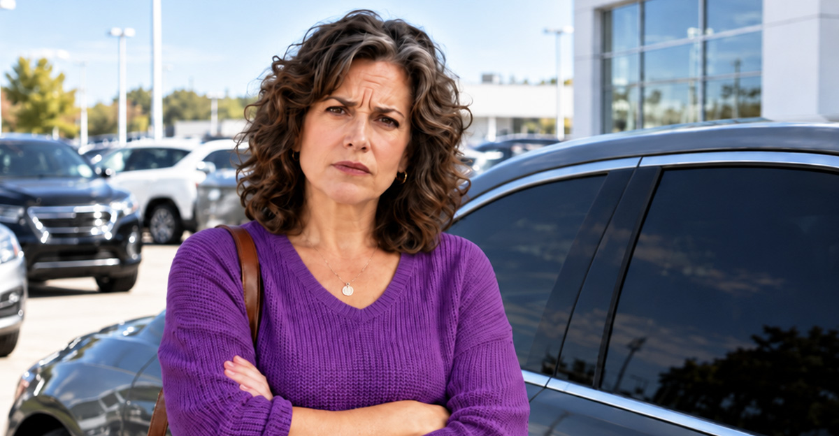 AI-generated image of a woman worried about the legality of her window tint from the dealership.