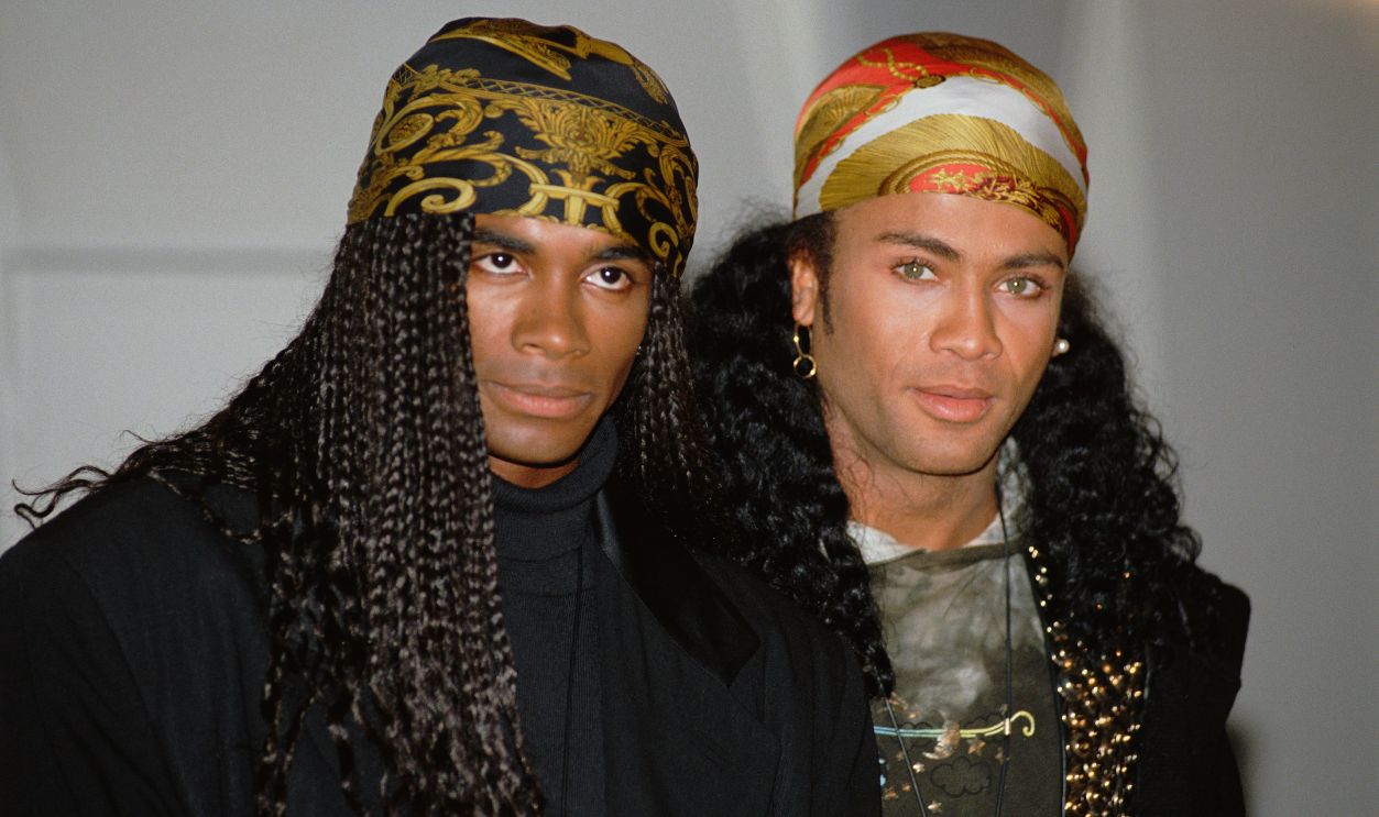 German pop band Milli Vanilli, composed of French singer, songwriter, dancer and model Fab Morvan and German-American model, dancer and singer Rob Pilatus, at a press conference announcing they will return their Grammy Awards after confessing to lip-synching their songs.