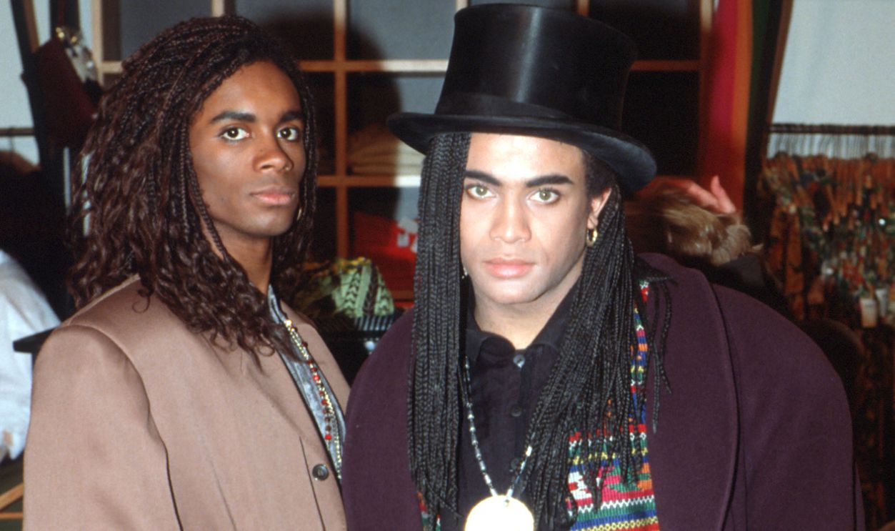 Fabrice 'Fab' Morvan (left) and Rob Pilatus (right) of Milli Vanilli pose for a portrait outside a Haagen-Dazs store in 1989. 