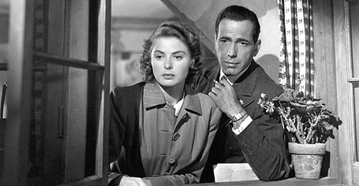 Ingrid Bergman and Humphrey Bogart in the American romantic drama film Casablanca (1942).