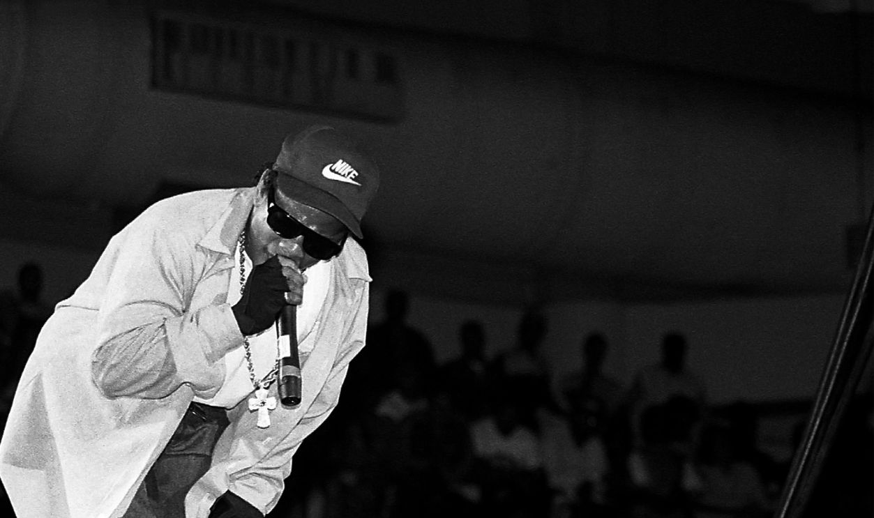 Rapper Eazy-E from N.W.A. performs during the 'Straight Outta Compton' tour at the U.I.C. Pavilion in Chicago, Illinois in June 1989.