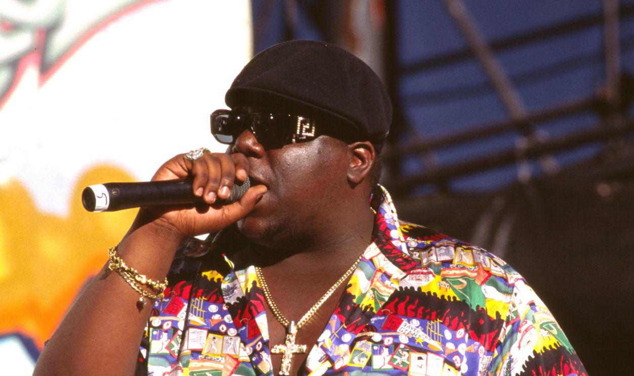 The Notorious B.I.G. (Christopher Wallace) performs at 92.3 The Beat Summer Jam on August 13, 1995 at the Irvine Meadows Amphitheatre in Irvine, California. 