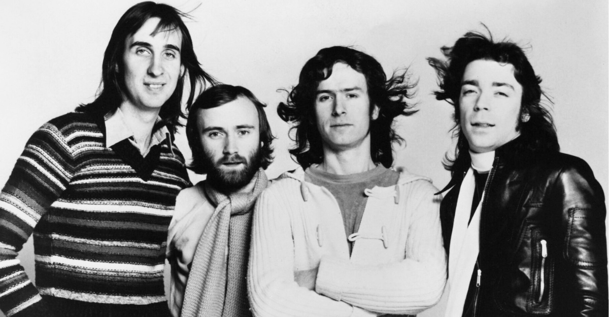 Press photo of the band Genesis in 1976 to promote their album A Trick of the Tail.