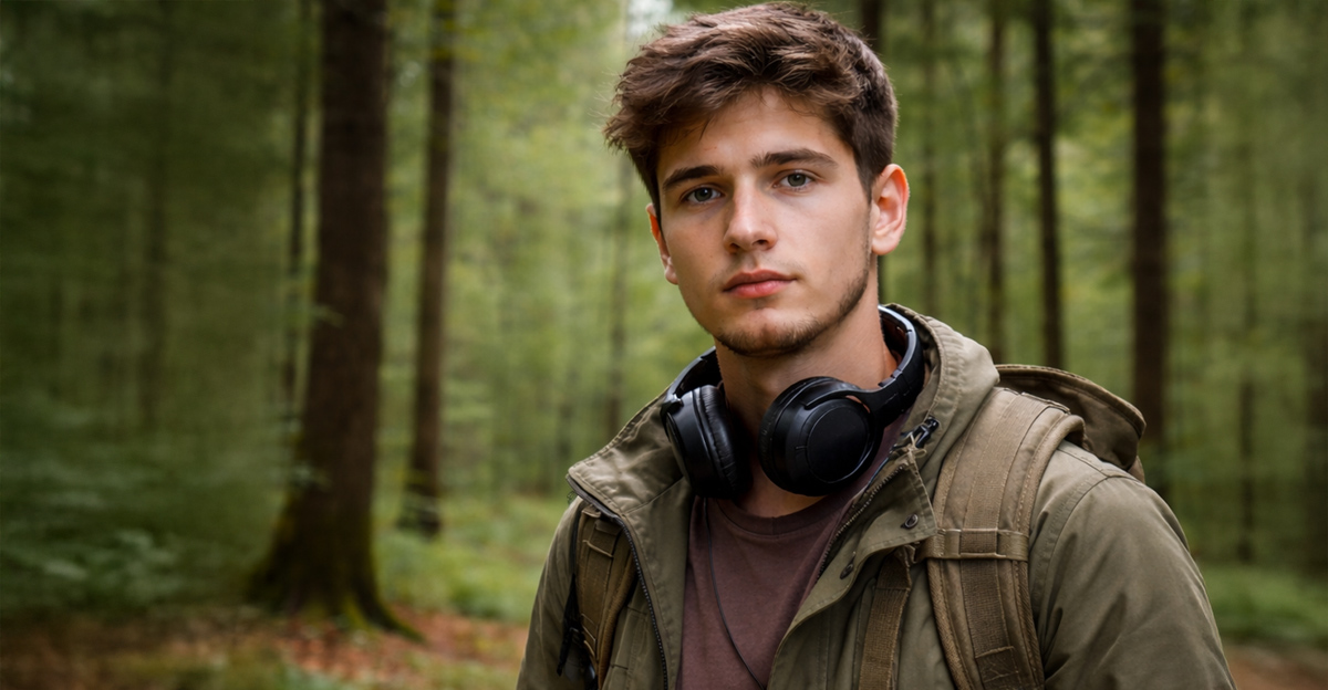Photorealistic portrait of a young man in his early 20s standing in a green German forest, looking at the camera with a neutral expression, wearing a jacket and backpack, with headphones around his neck