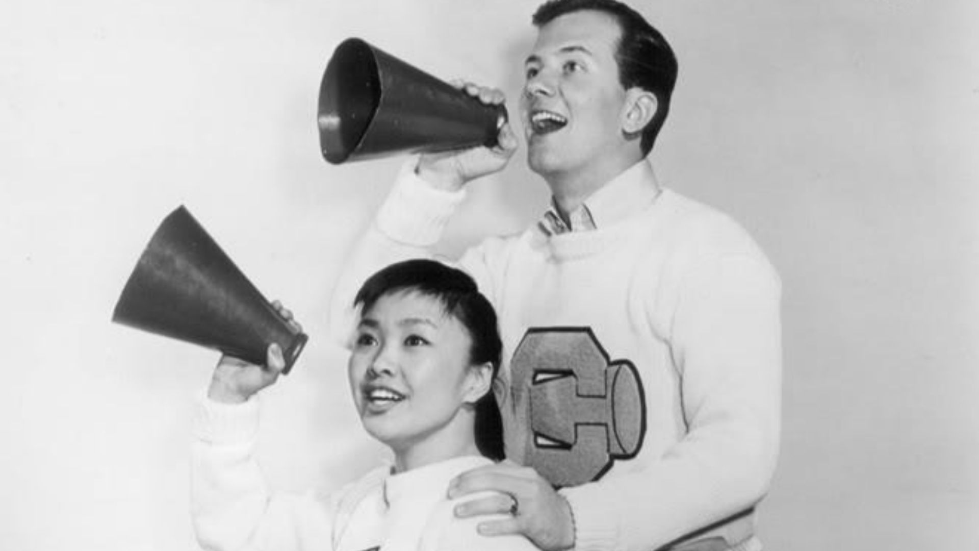 Publicity photo of Pat Suzuki and Pat Boone from the television program Pat Boone Chevy Showroom.