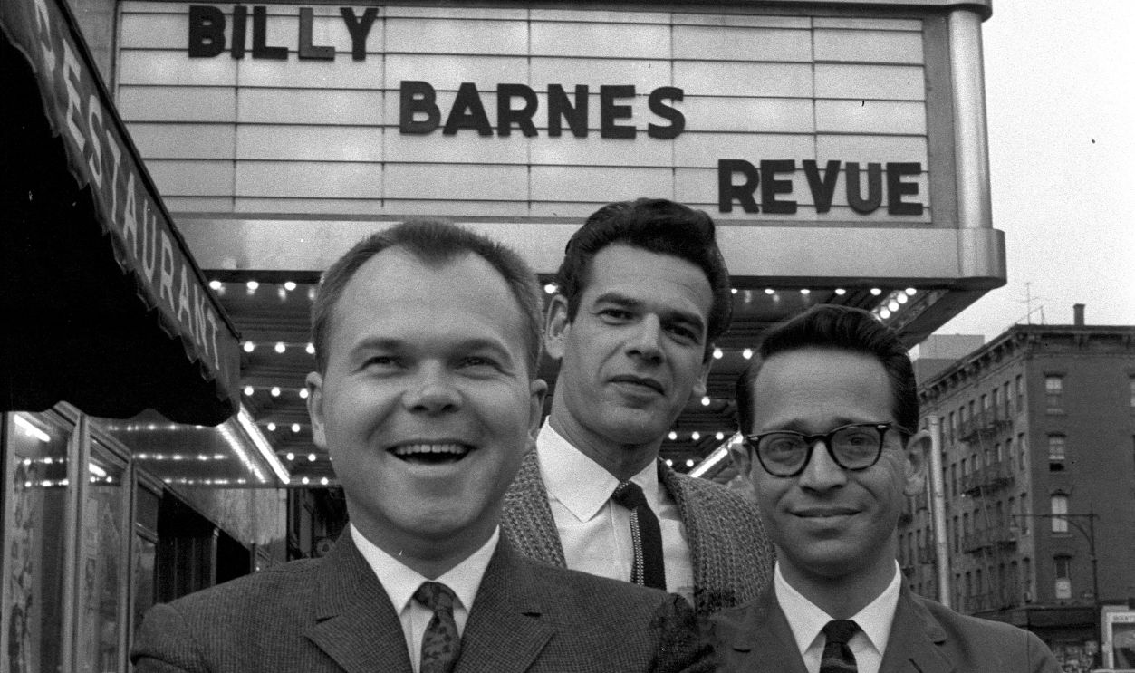 1249430775 American composer, lyricist and actor Billy Barnes (1927 - 2012) outside York Playhouse with director Bob Rodgers and producer George Eckstein
