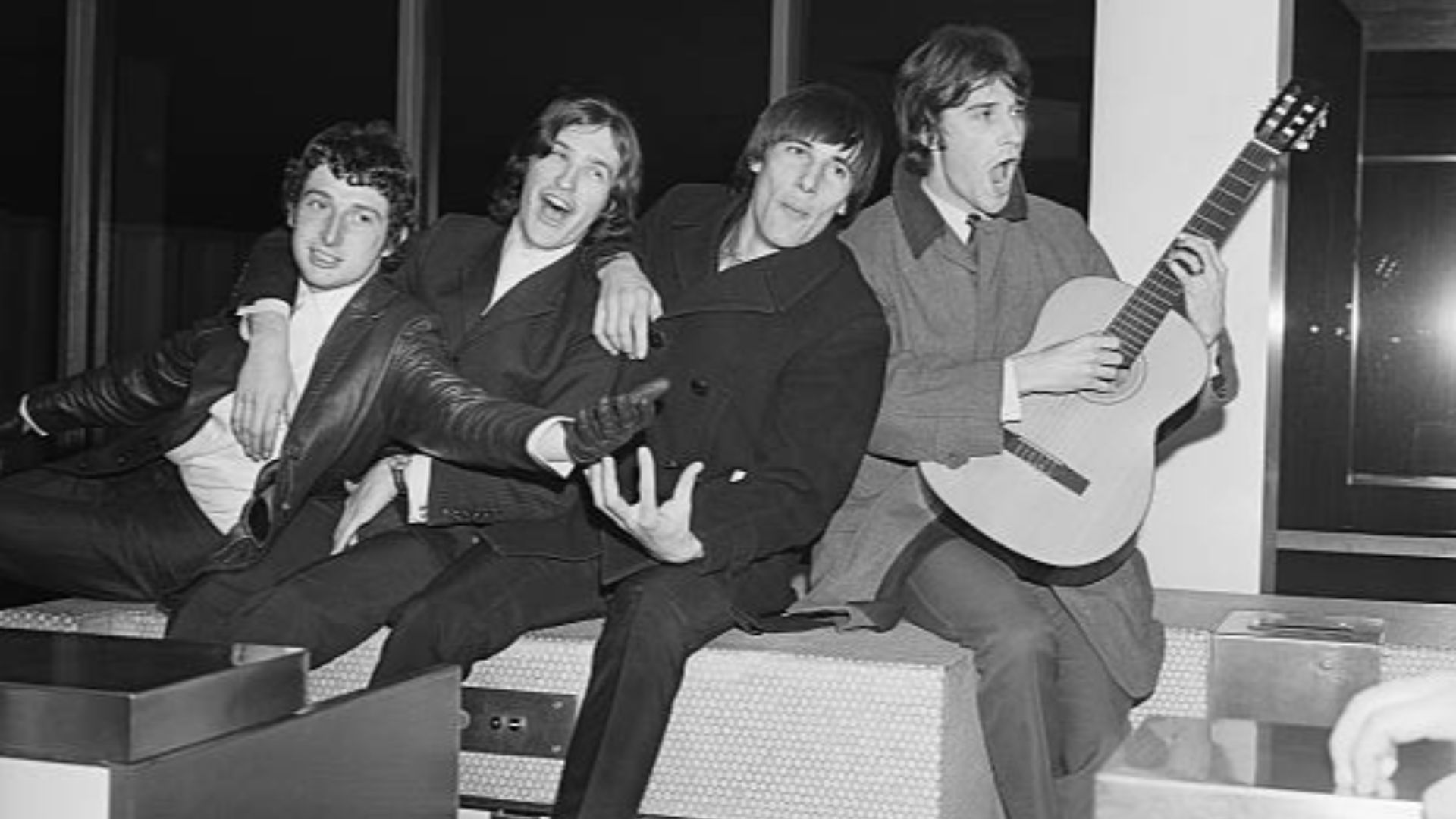 The Kinks arrive at New York's Kennedy Airport on February 10, 1965 for a short promotional trip in the U.S.