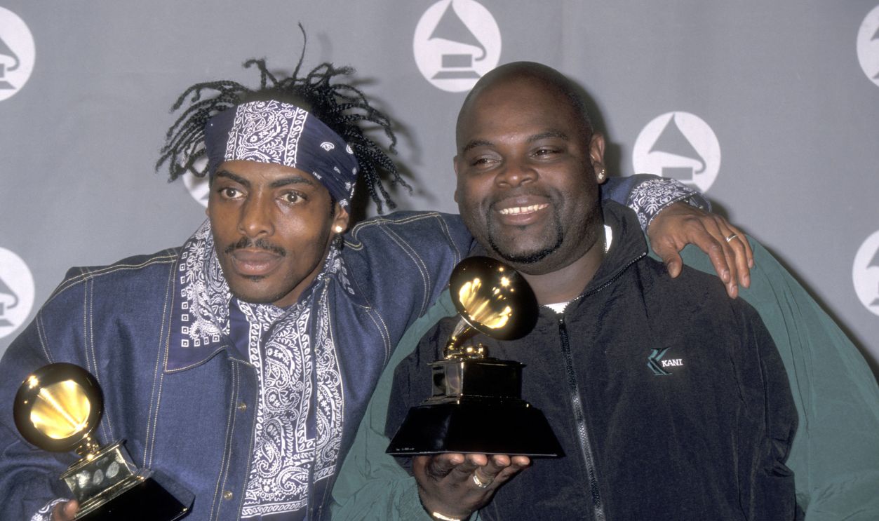 Rapper Coolio and Singer L.V. attend the 36th Annual Grammy Awards on February 28, 1996 at Shrine Auditorium in Los Angeles, California.