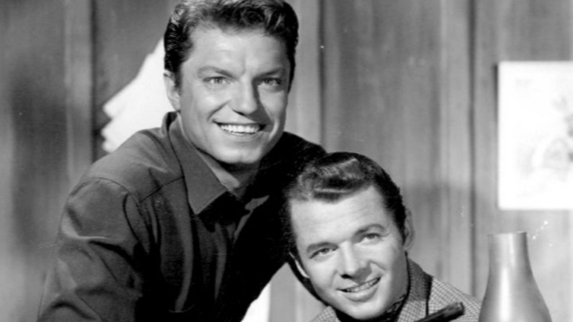 Photo of Guy Mitchell (left) and Audie Murphy from the television program Whispering Smith.