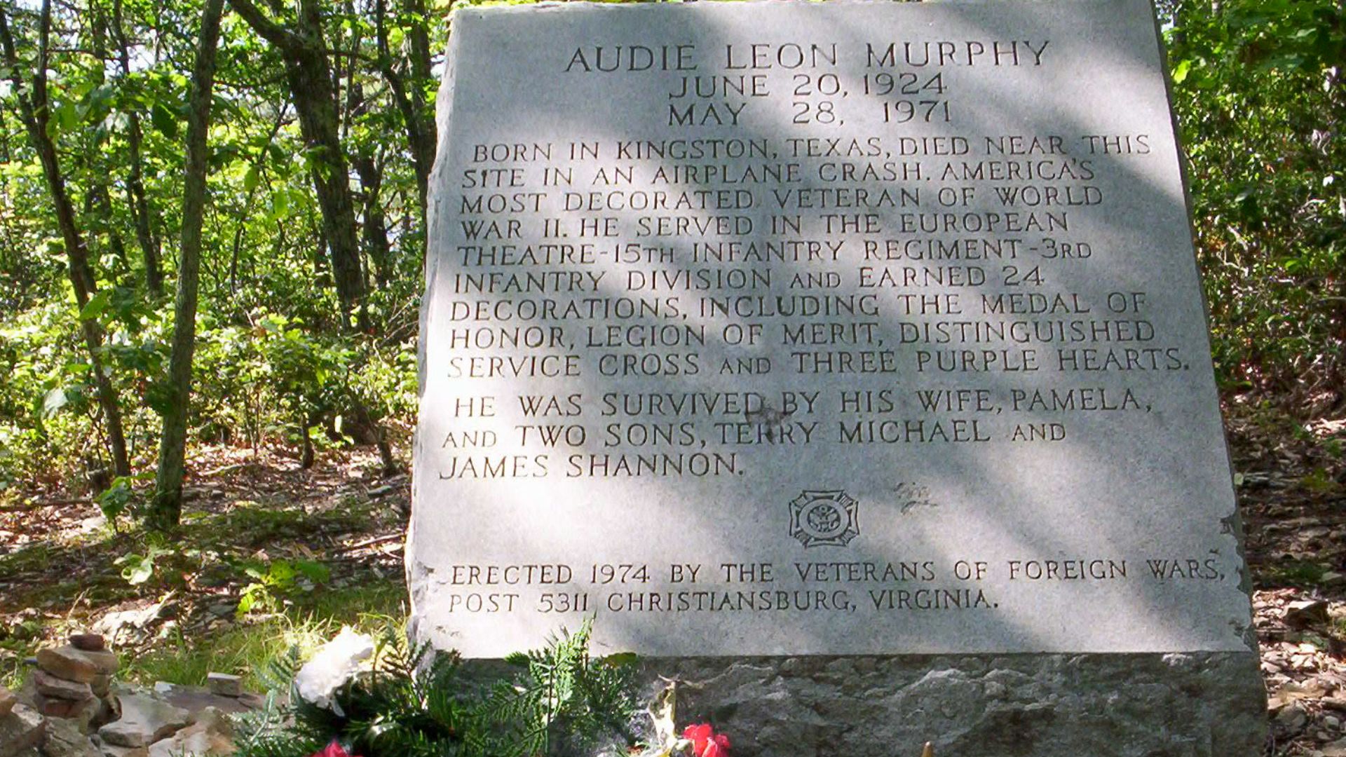 This is a monument to Audie Murphy roughly near the site of the plane crash in which he died, a couple hundred feet off the Appalachian Trail around twenty miles south of Catawba, VA.  I took this picture during a southbound thru-hike of the Appalachian Trail on September 21, 2008.