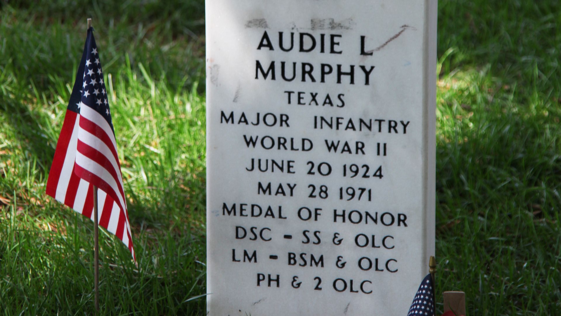 Headstone over the grave of Audie Murphy at Arlington National Cemetery in Arlington, Virginia, in the United States.  Murphy was the most decorated American soldier in World War II.