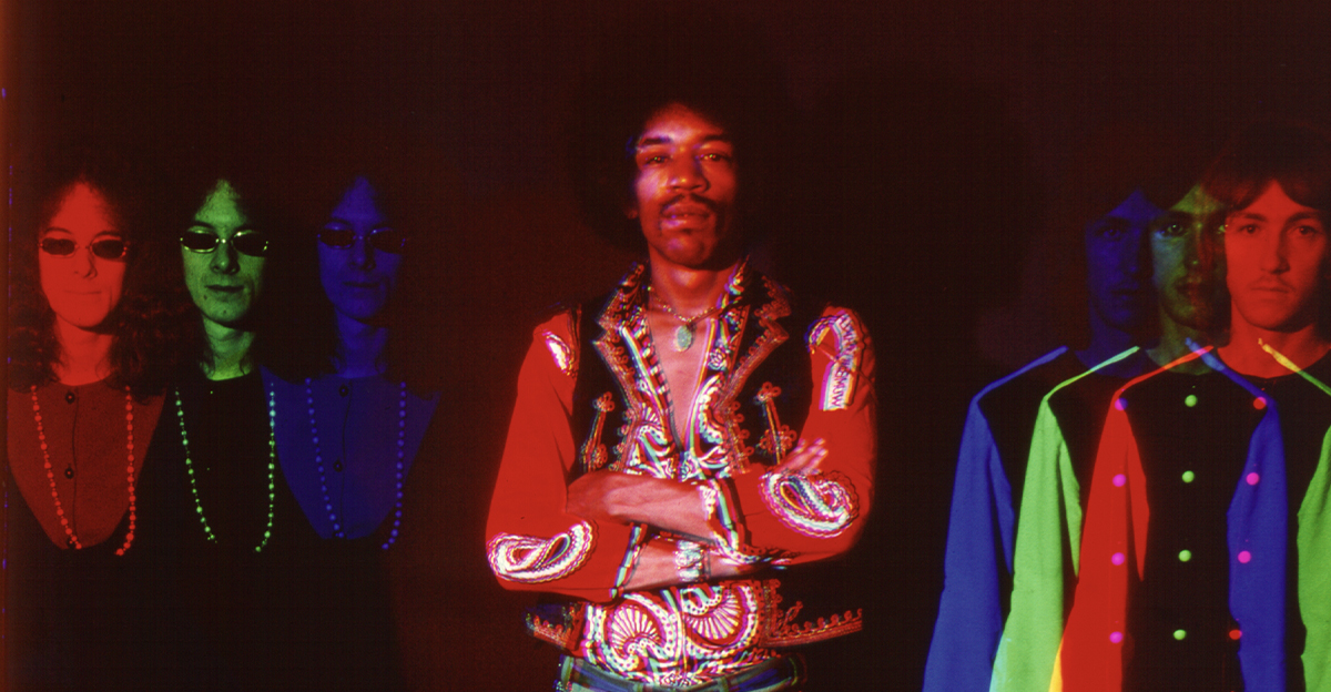 The Jimi Hendrix Experience pose for a psychedelically altered portrait in 1968. (L-R) Noel Redding, Jimi Hendrix, Mitch Mitchell.