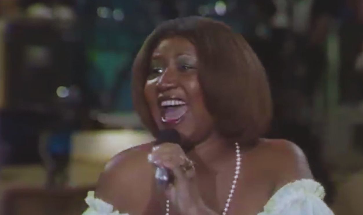 Screenshot from Aretha Franklin performing “Respect” live on the MDA Telethon (1980)
