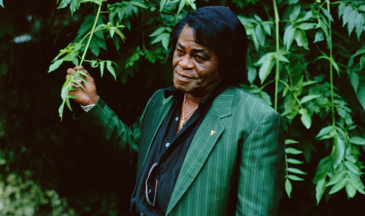 American soul singer James Brown wearing a green striped suit in a garden, 4th October 2004.