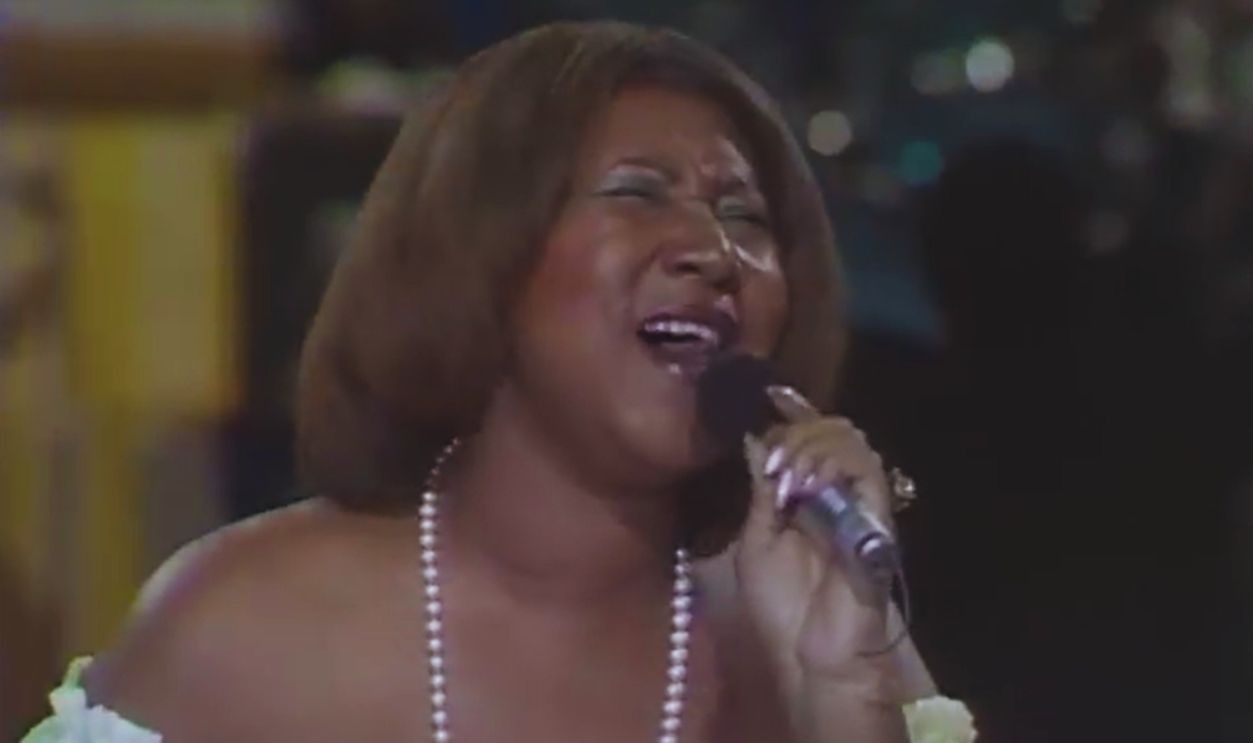 Screenshot from Aretha Franklin performing “Respect” live on the MDA Telethon (1980)