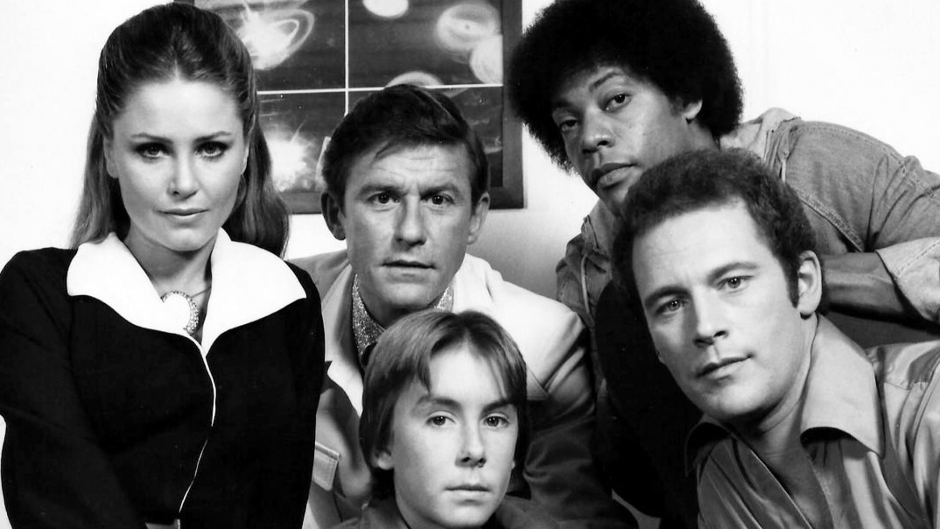 Cast of the very short-lived science fiction program The Fantastic Journey.  Back row, L-R: Katie Saylor, Roddy McDowall and Carl Franklin. Front: Ike Eisenmann and Jared Martin